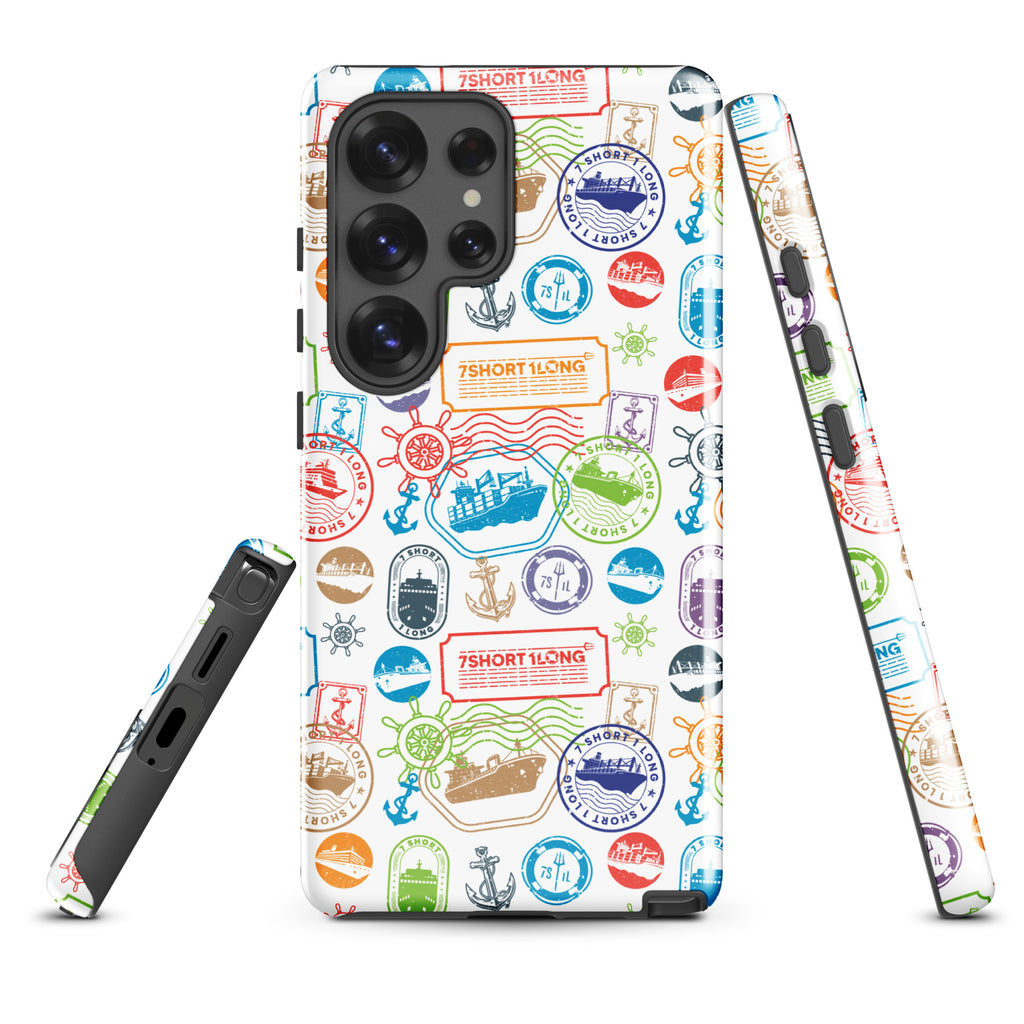 Samsung case with passport stamps from world cruise on white background