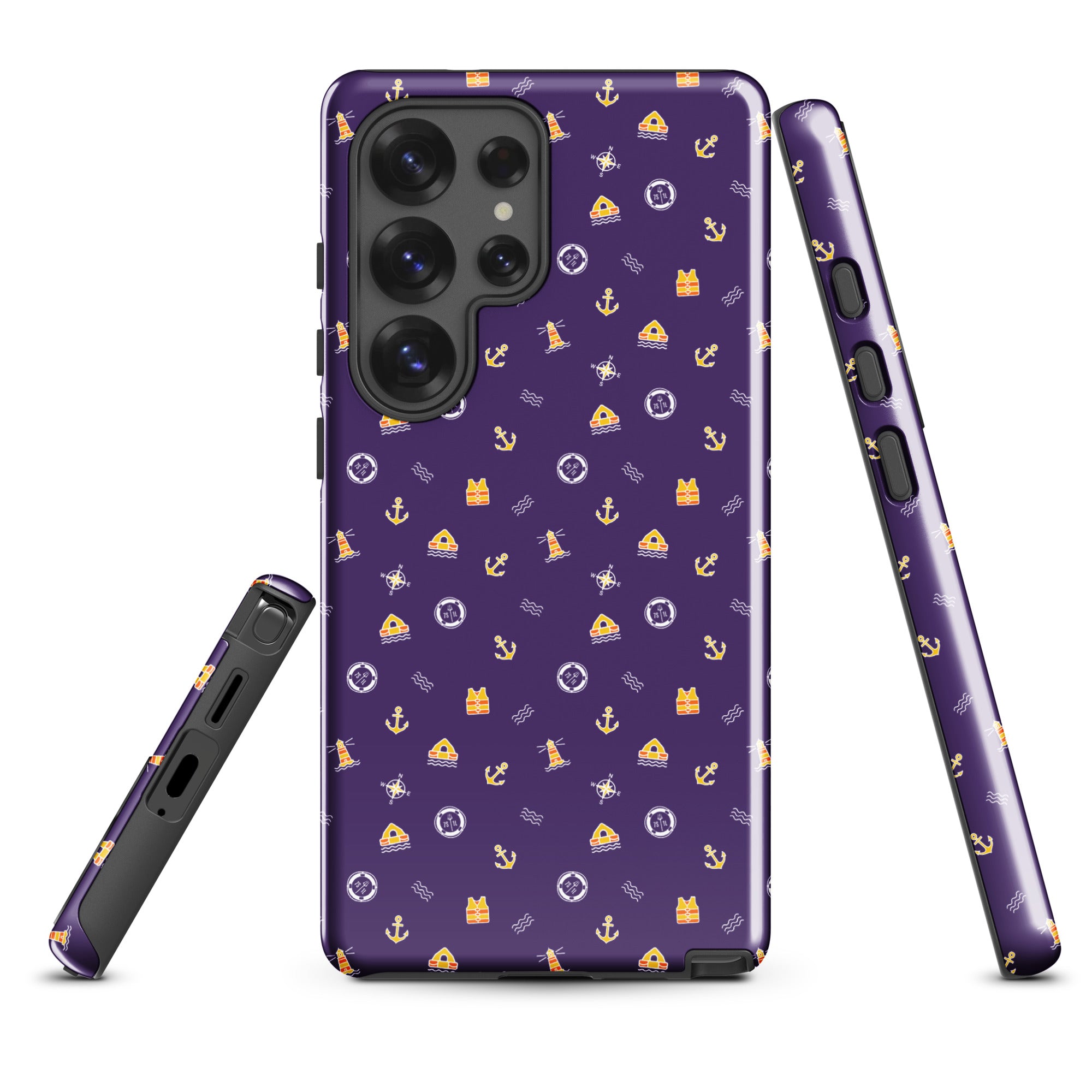 Samsung Case with solas regulation items and symbols on purple background Main image