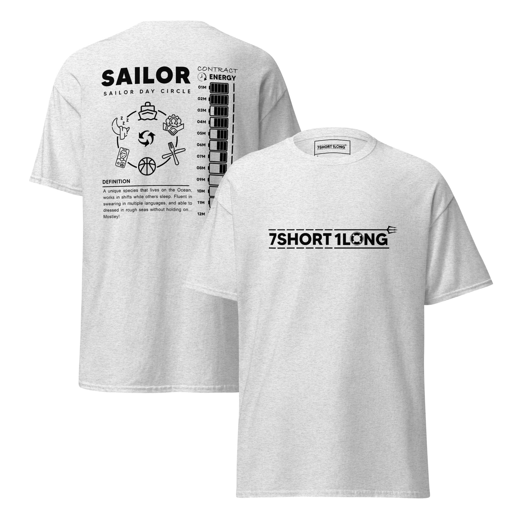 White or colored maritime T-shirt with Sailor Day Circle crew design on back and 7SHORT1LONG logo on front, illustrating daily routines, long contracts at sea, and seafarer life with limited connectivity.