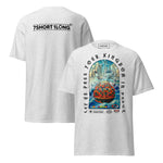 T-shirt design showing the Greek sea god Poseidon judging a container ship at sea, inspired by maritime mythology and ancient ocean legends.