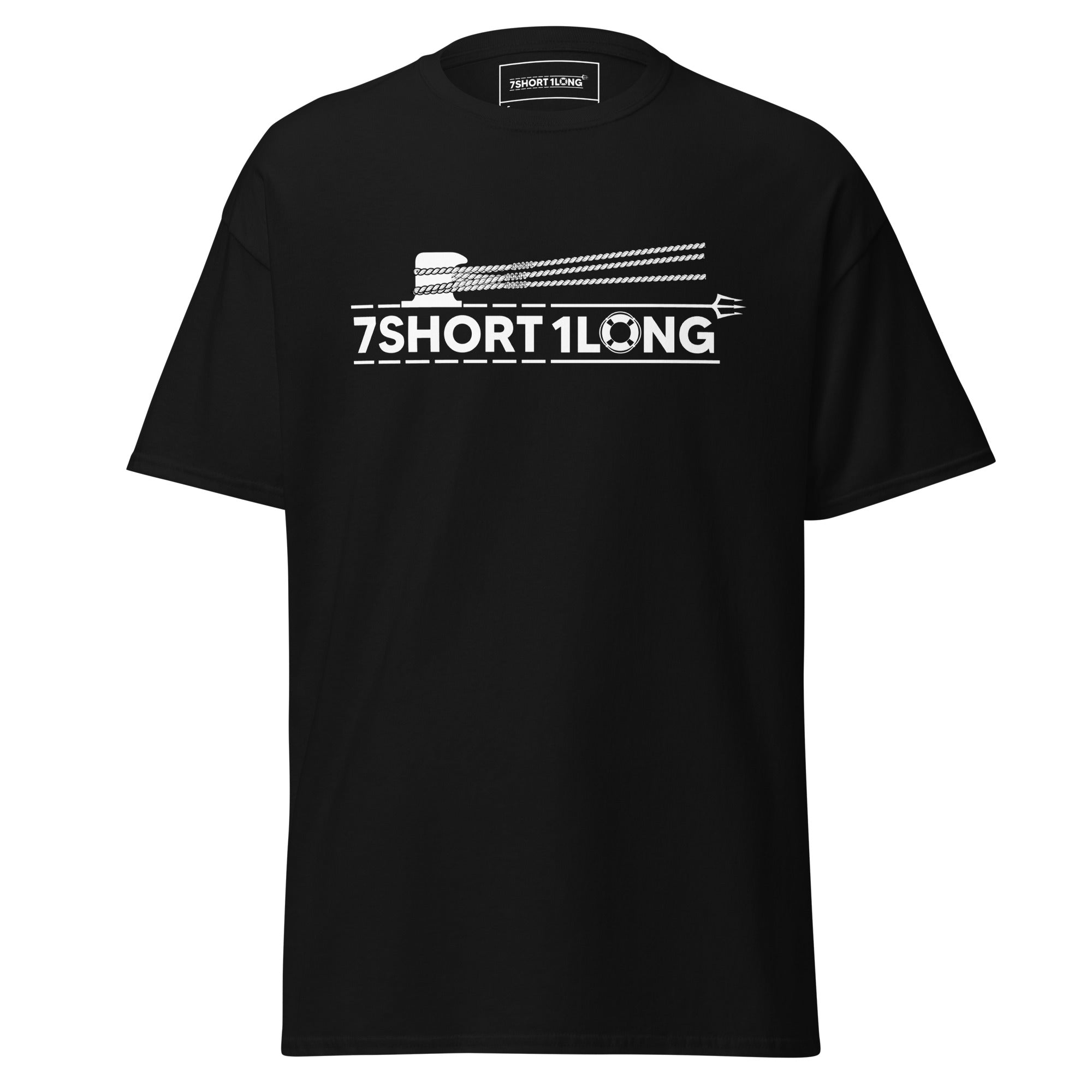 Maritime T-shirt with “7Shot1Long” mooring operation design, inspired by deck work commands “All Lines Ashore” and “All Lines Off,” representing teamwork, precision, and seamanship at sea. Main image