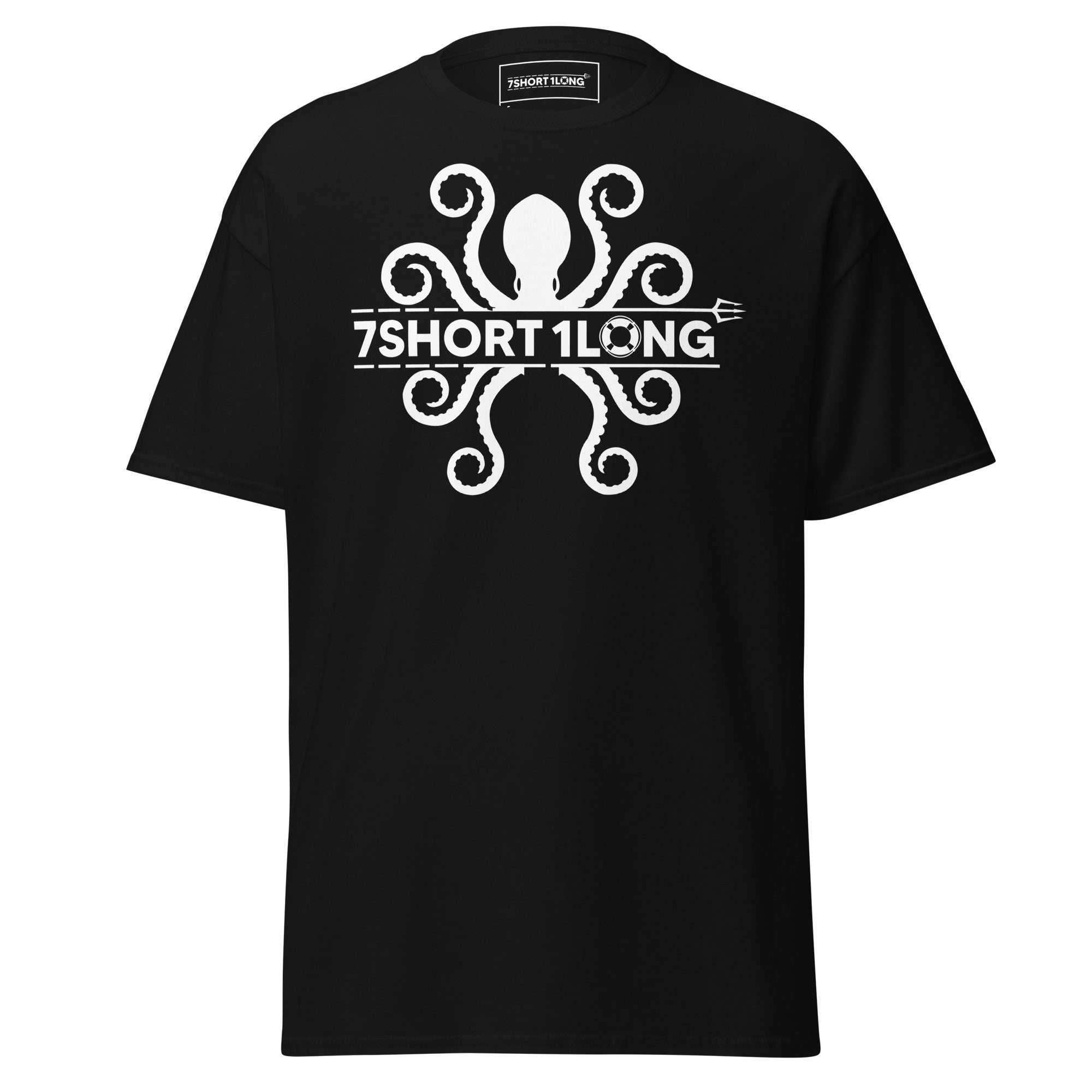 Maritime T-shirt with detailed Octopus design inspired by seafarers’ folklore, bold high-contrast lines and precision artwork, nautical myth aesthetic. Main image