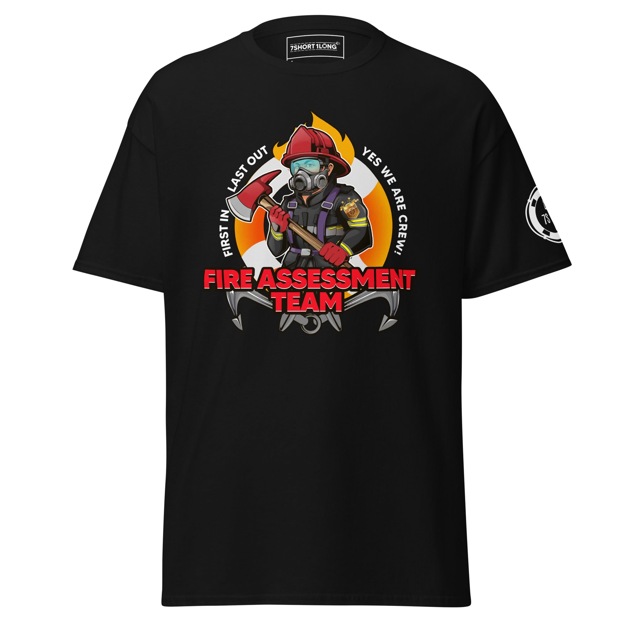 Maritime T-shirt with Fire Assessment Team design, representing onboard emergency response and ship fire brigade entering fire zones during emergencies. Main image
