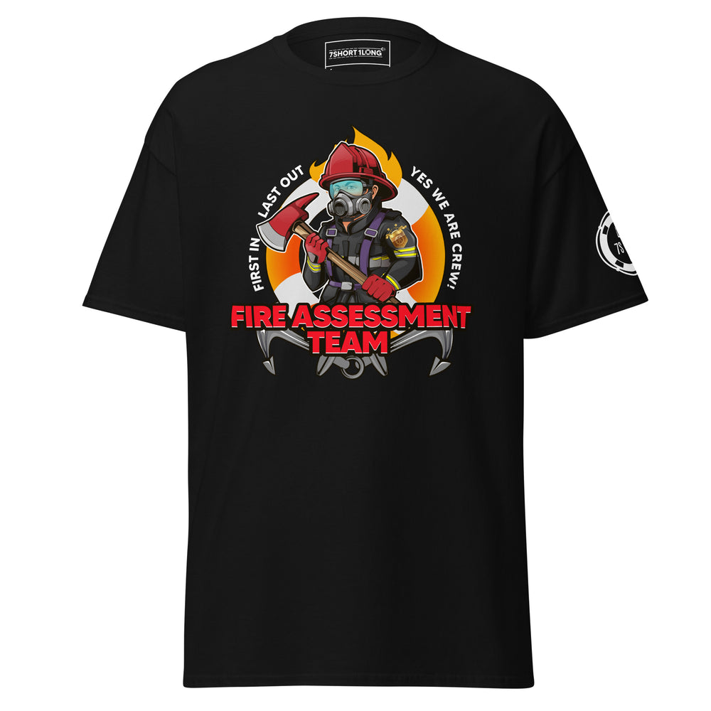 Maritime T-shirt with Fire Assessment Team design, representing onboard emergency response and ship fire brigade entering fire zones during emergencies.