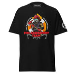 Maritime T-shirt with Fire Assessment Team design, representing onboard emergency response and ship fire brigade entering fire zones during emergencies.
