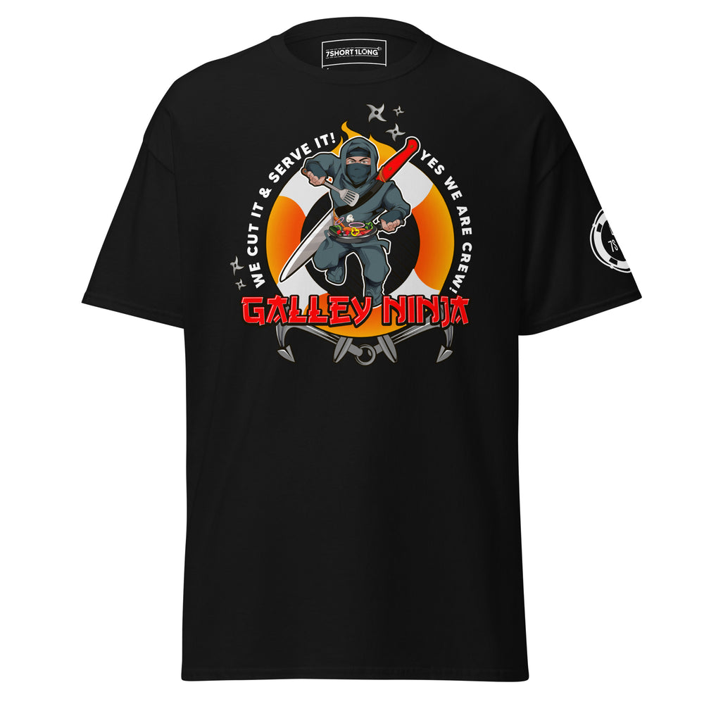 Maritime T-shirt with Galley Department “Galley Ninja” design, representing ship cooks and galley crew preparing meals to support crew morale on board.