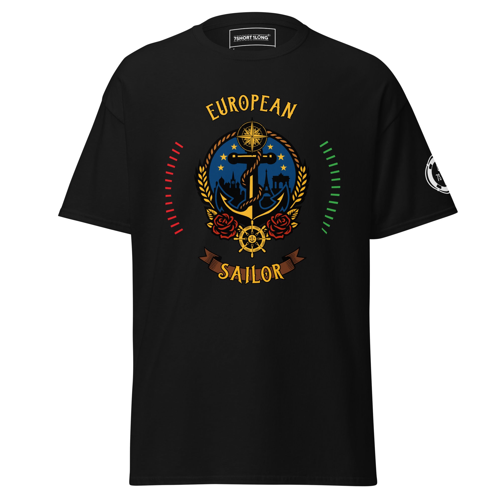 Maritime design featuring an anchor and compass with European symbolism and the text “European Sailor,” representing professional seafarer identity and crew pride. Main image