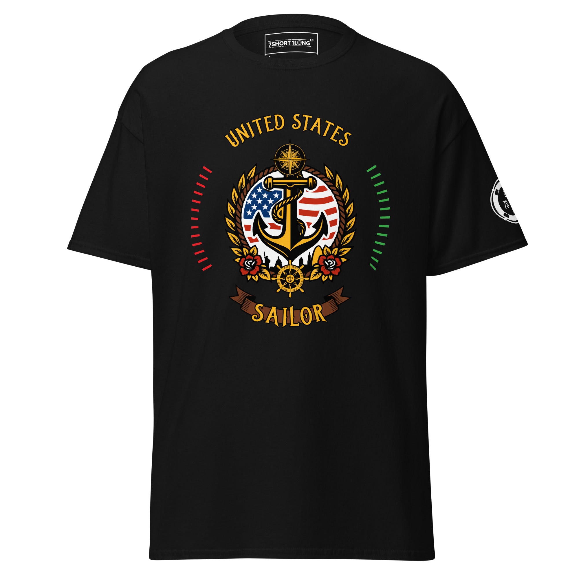 Maritime design featuring an anchor and compass with United States colors and the text “United States Sailor,” symbolizing American seafarer pride and crew identity. Main image