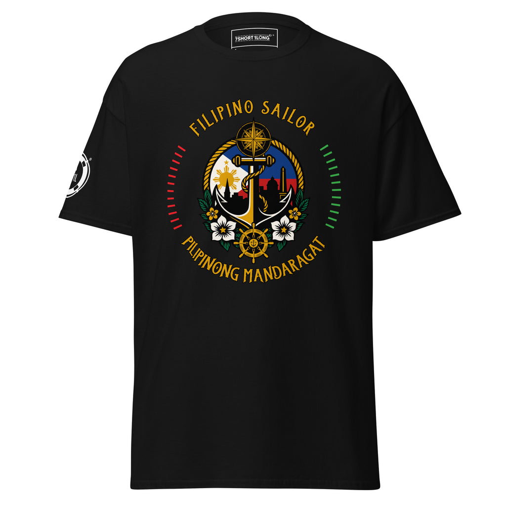 Unisex Filipino Sailors T-Shirt by 7SHORT1LONG®, black front view, classic fit, casual unisex tee with sailor-inspired design.