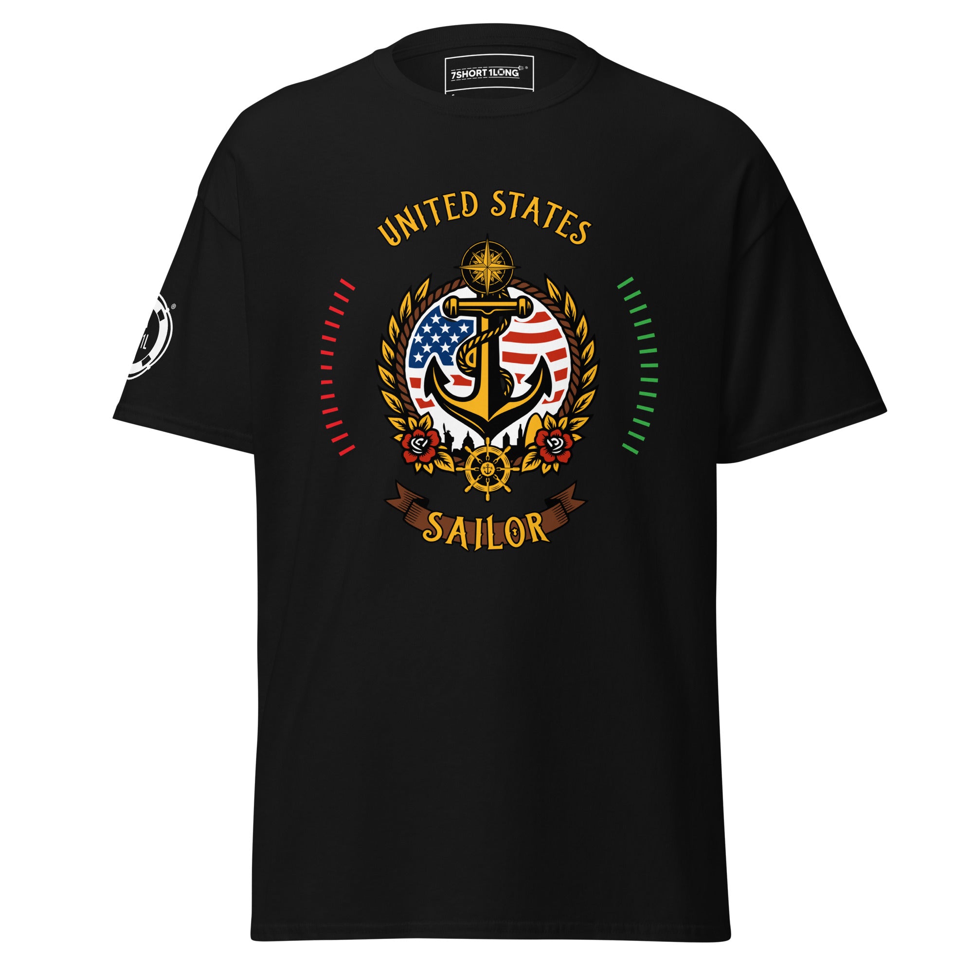 Unisex black United States Sailor T-Shirt by 7SHORT1LONG®, featuring a classic fit with sailor-inspired design on the front.