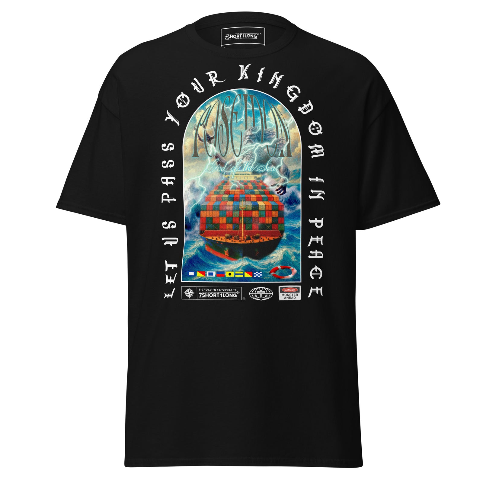 7SHORT1LONG poseidon judgment container ship t-shirt greek god ocean cargo vessel nautical tee