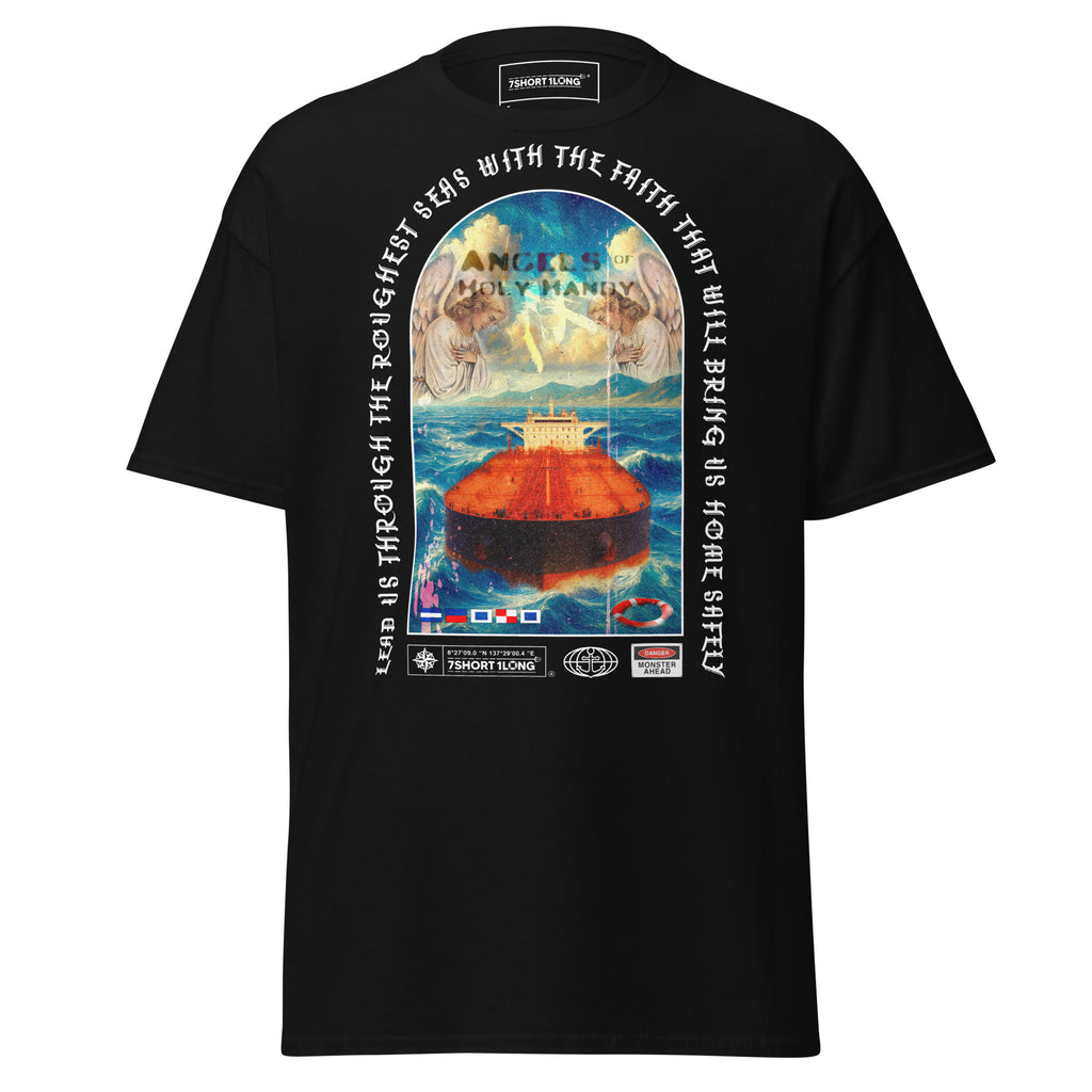 Black Christian Angel Protection Tanker T-Shirt for men and women, featuring a front graphic design by 7SHORT1LONG®