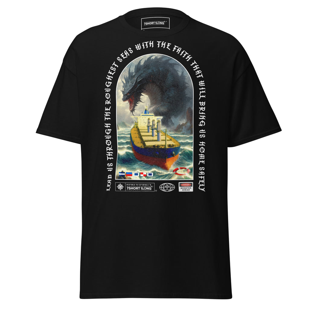 Unisex black T-shirt featuring ocean monster attack design by 7SHORT1LONG® on the front, casual and stylish.
