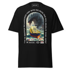 Unisex black T-shirt featuring ocean monster attack design by 7SHORT1LONG® on the front, casual and stylish.
