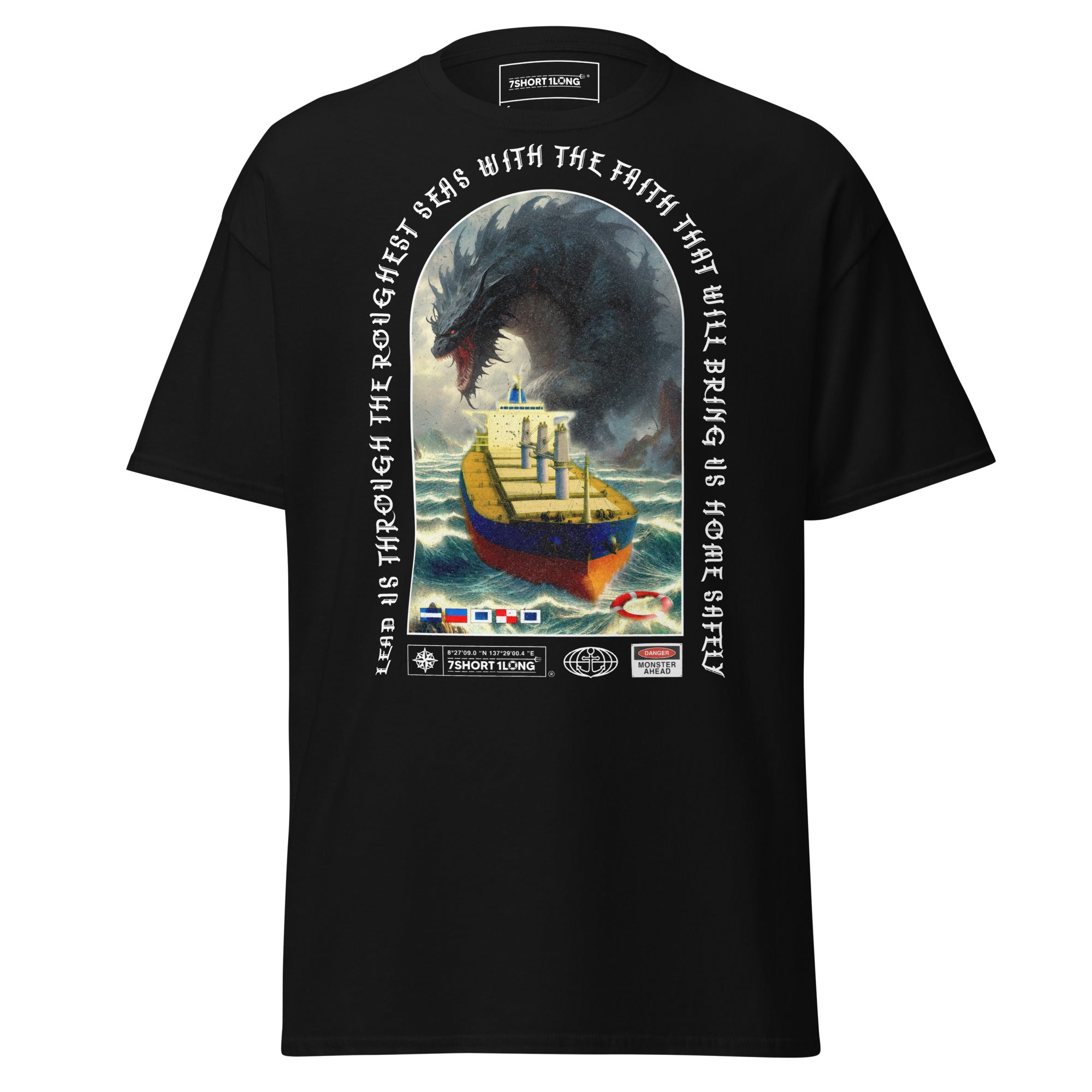 Unisex black T-shirt featuring ocean monster attack design by 7SHORT1LONG® on the front, casual and stylish.