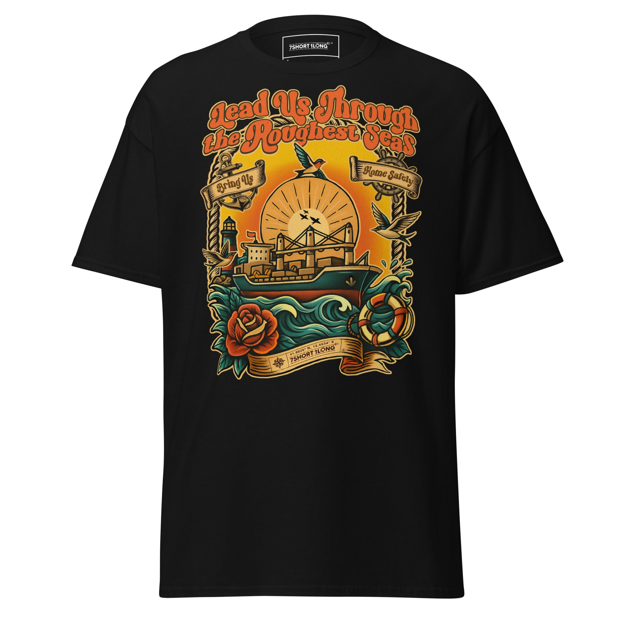 maritime tattoo graphic tee ocean ship waves design sailor lifestyle shirt 7SHORT1LONG
