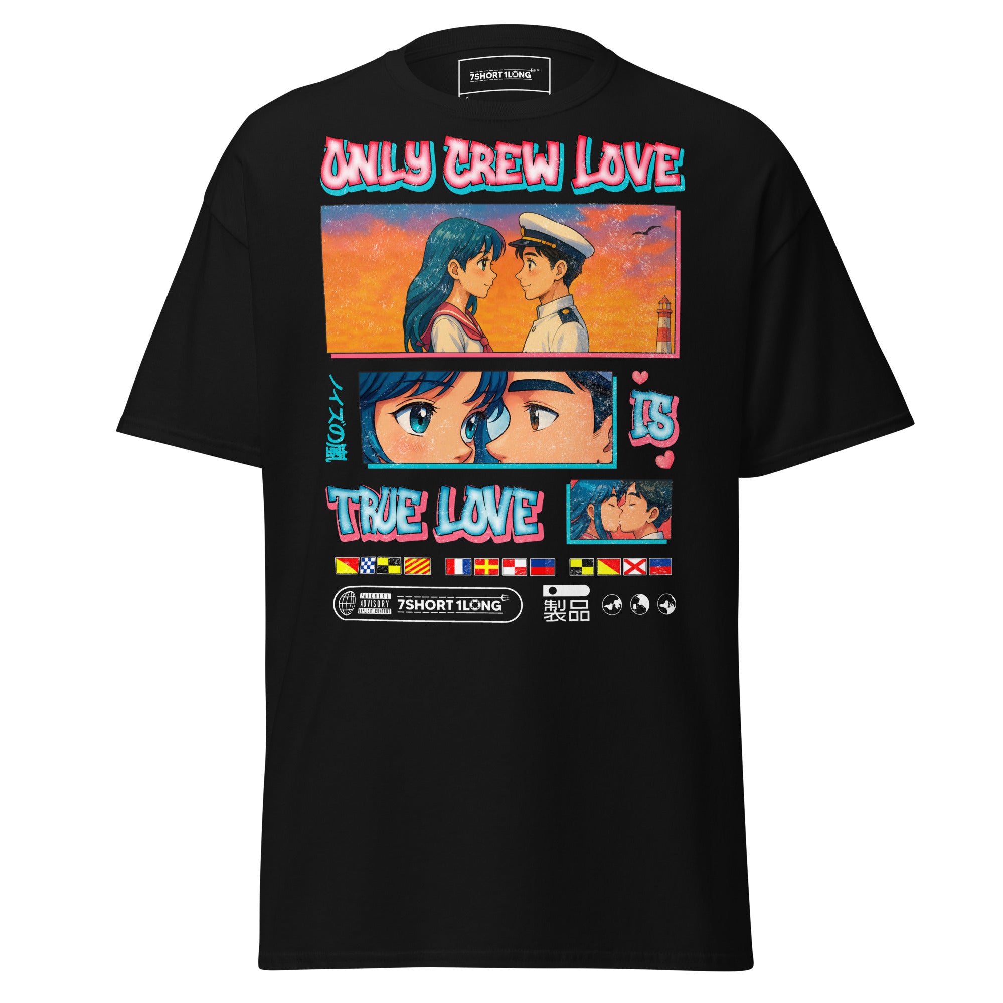 Black unisex Sailor T-shirt with anime sailor design, featuring "Only Crew Love Is True Love" text, by 7SHORT1LONG®.