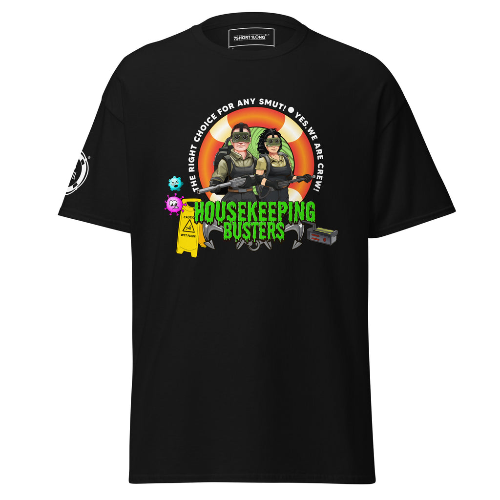 Unisex black Housekeeping Department T-Shirt by 7SHORT1LONG® with a classic crew neck and printed department logo on front.