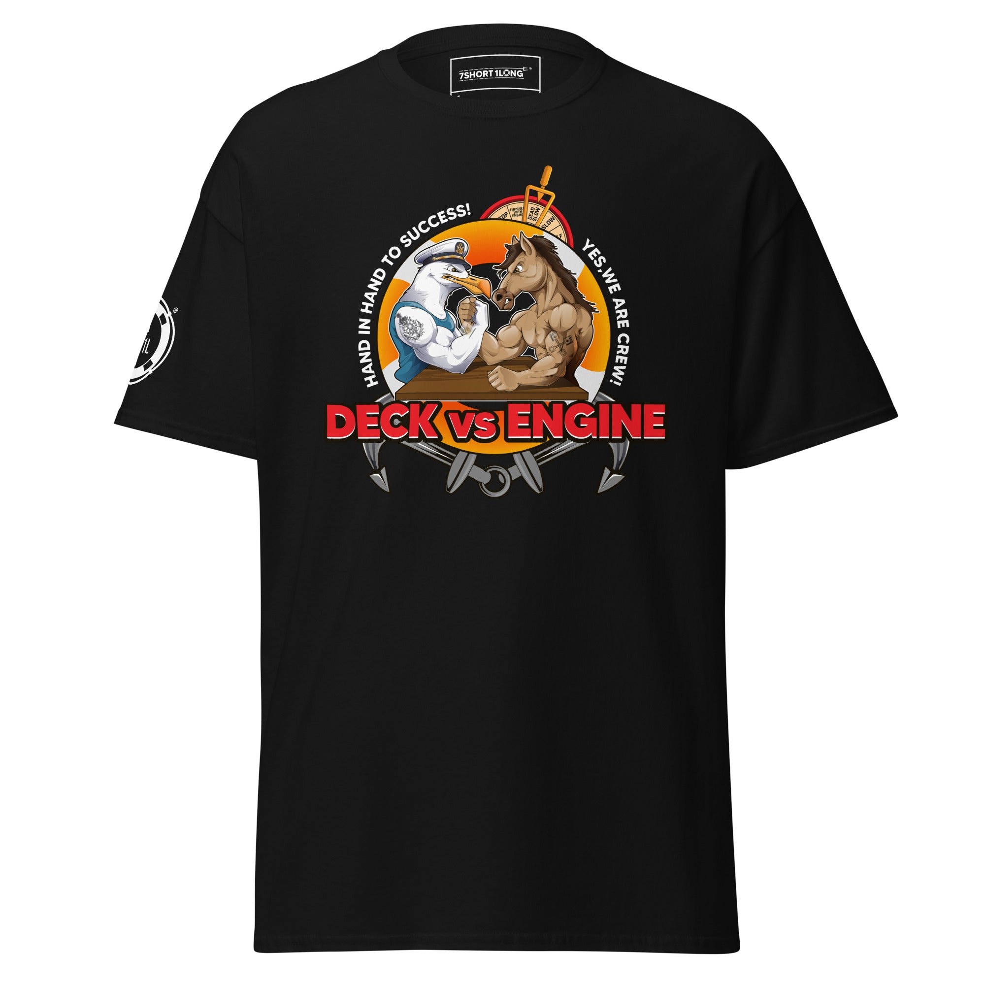 Black unisex Deck vs Engine Department T-shirt by 7SHORT1LONG® with front graphic design in a classic crew neck style.