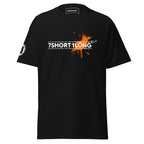 Black Seafarer Color Splash Nautical T-Shirt with 7SHORT1LONG logo and orange paint splash graphic, marine streetwear front view