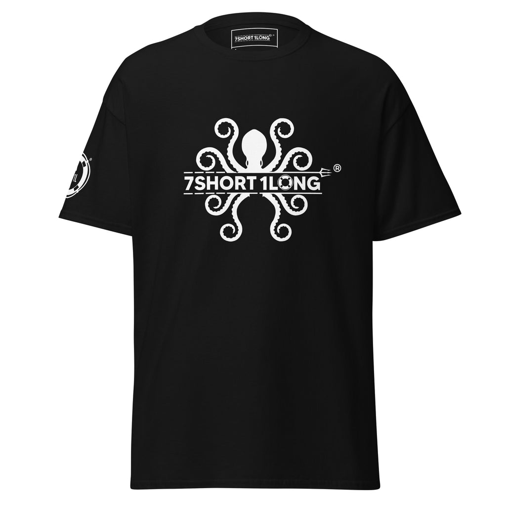 Black Kraken Seafarer Nautical T-Shirt with bold octopus design and 7SHORT1LONG branding, nautical streetwear tee
