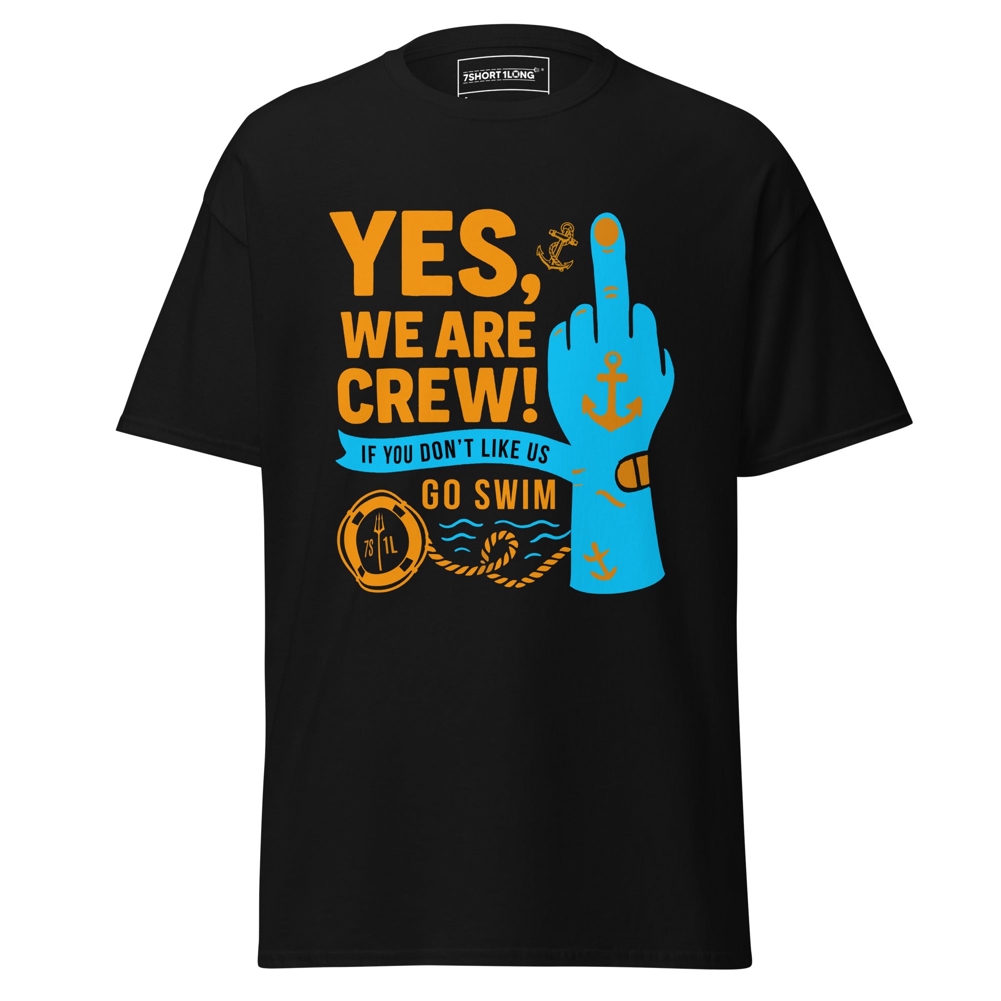 Unisex black crew neck T-shirt with a bold middle finger graphic front print, by 7SHORT1LONG®. Main image