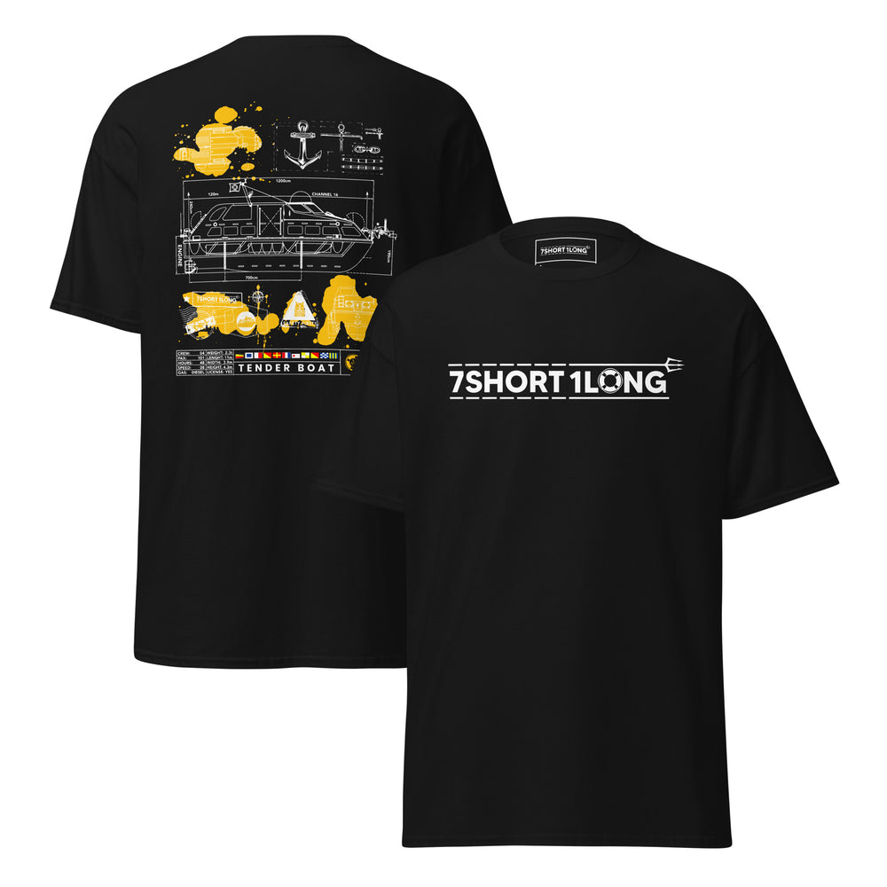 Maritime T-shirt with Tender Boat at Sea design, representing dual-use tender boats for ship-to-shore operations and emergency rescue on cruise ships.
