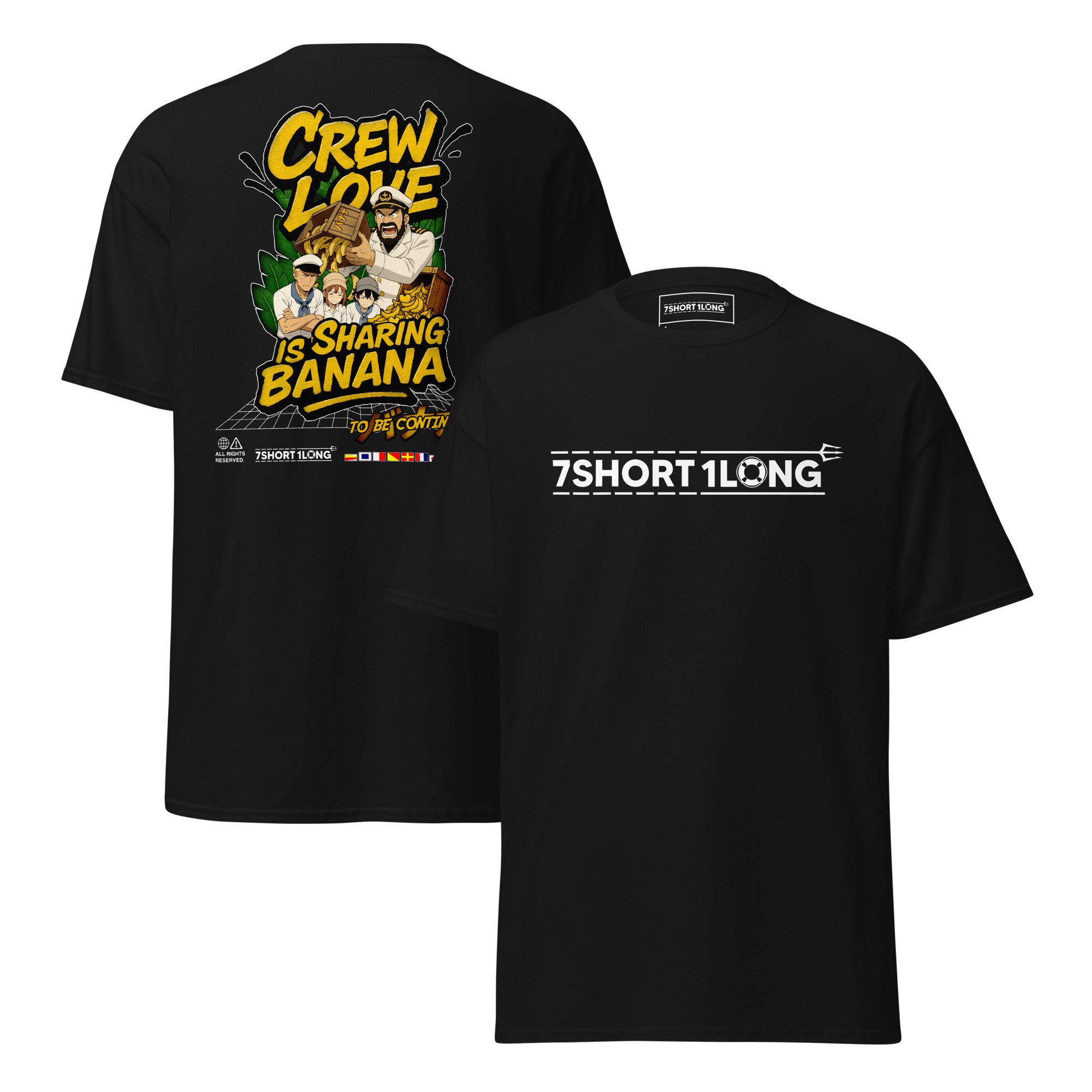 Crew T-shirt with “Crew Love Is Sharing Banana” text, expressing maritime crew culture, solidarity, and insider humor from ship life. Main image