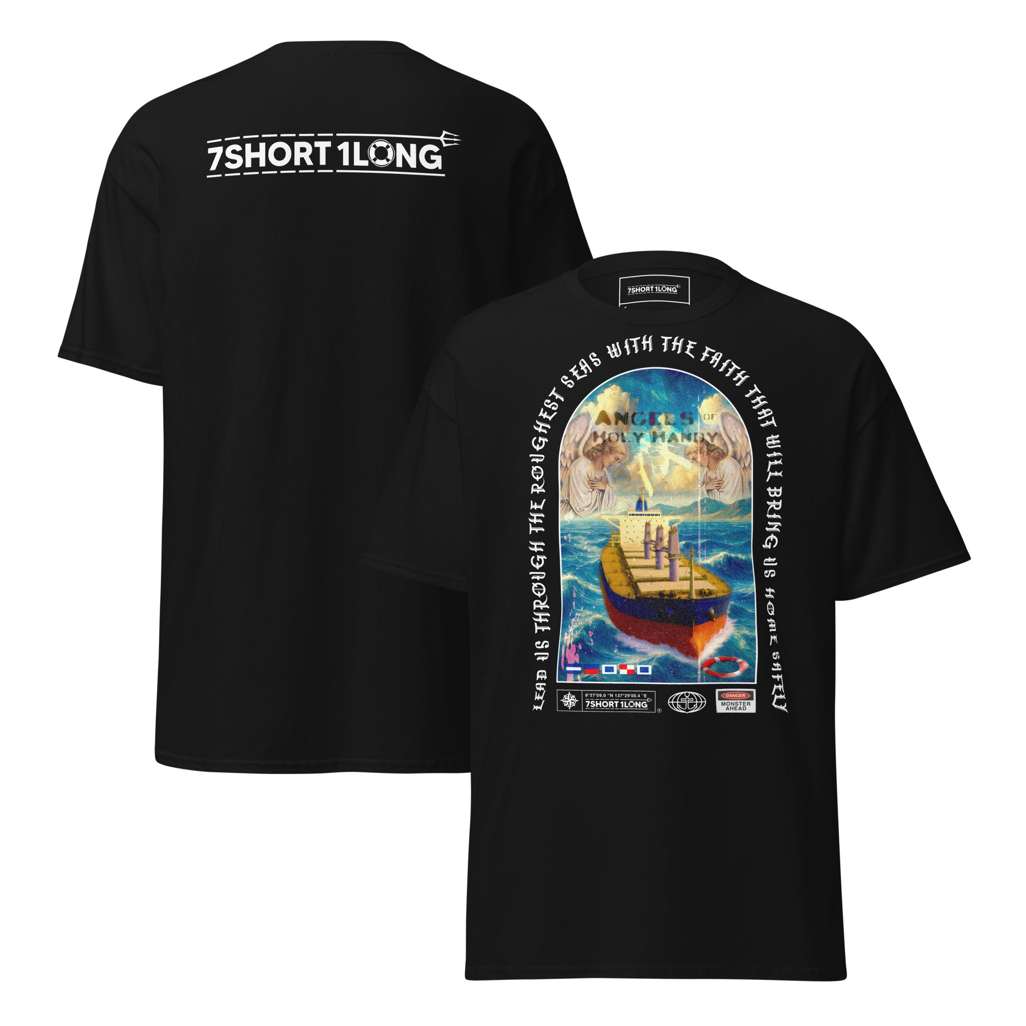 Crew T-shirt with “Angel Watch” bulk carrier design inspired by Christian seafaring tradition, protection at sea, heavy cargo operations, and vigilance during long voyages. Main image