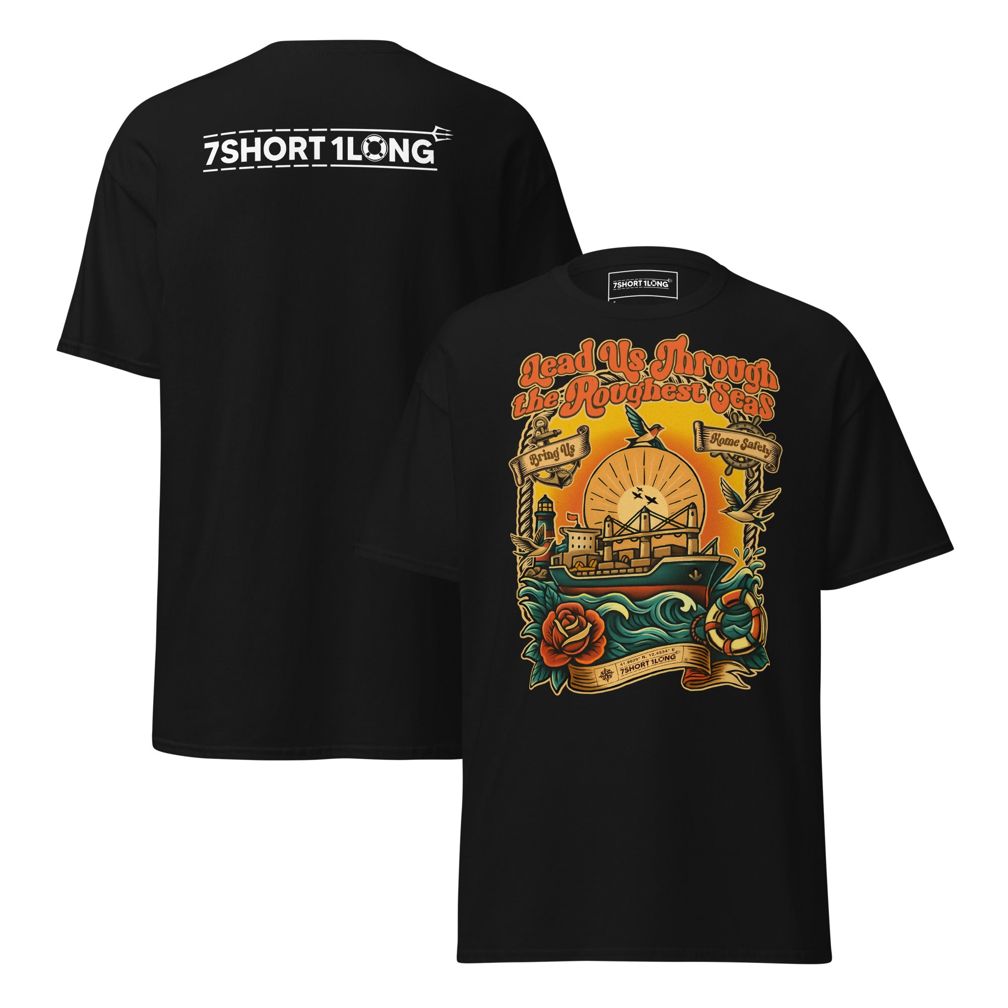 Tattoo-style maritime T-shirt inspired by bulk carrier life and classic seafarer tattoo art, dedicated to the legacy of Sailor Jerry and traditional maritime symbolism. Main image