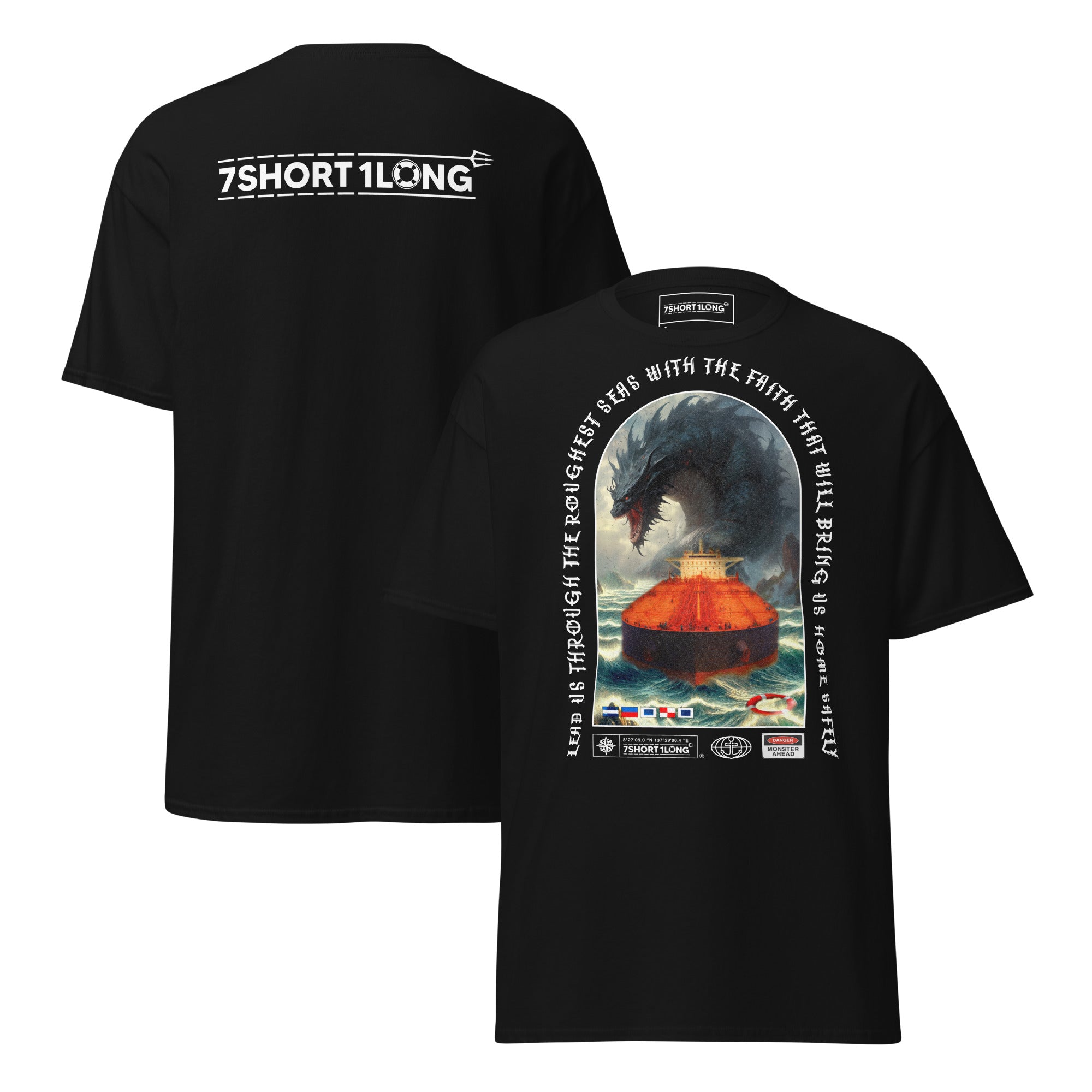 T-shirt design depicting a mythical sea monster attacking a tanker ship, inspired by traditional maritime legends, ocean myths, and the timeless respect sailors hold for the sea. Main image