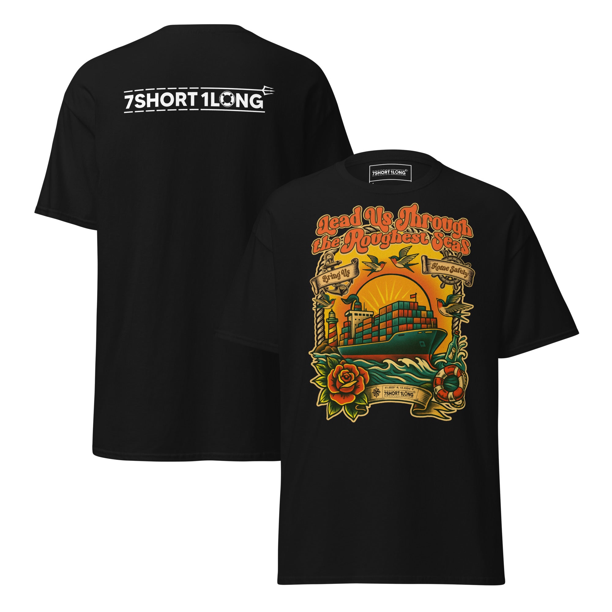 Tattoo-style maritime T-shirt inspired by container ship crew life and classic seafarer tattoo art, dedicated to the legacy of Sailor Jerry and traditional maritime symbolism. Main image