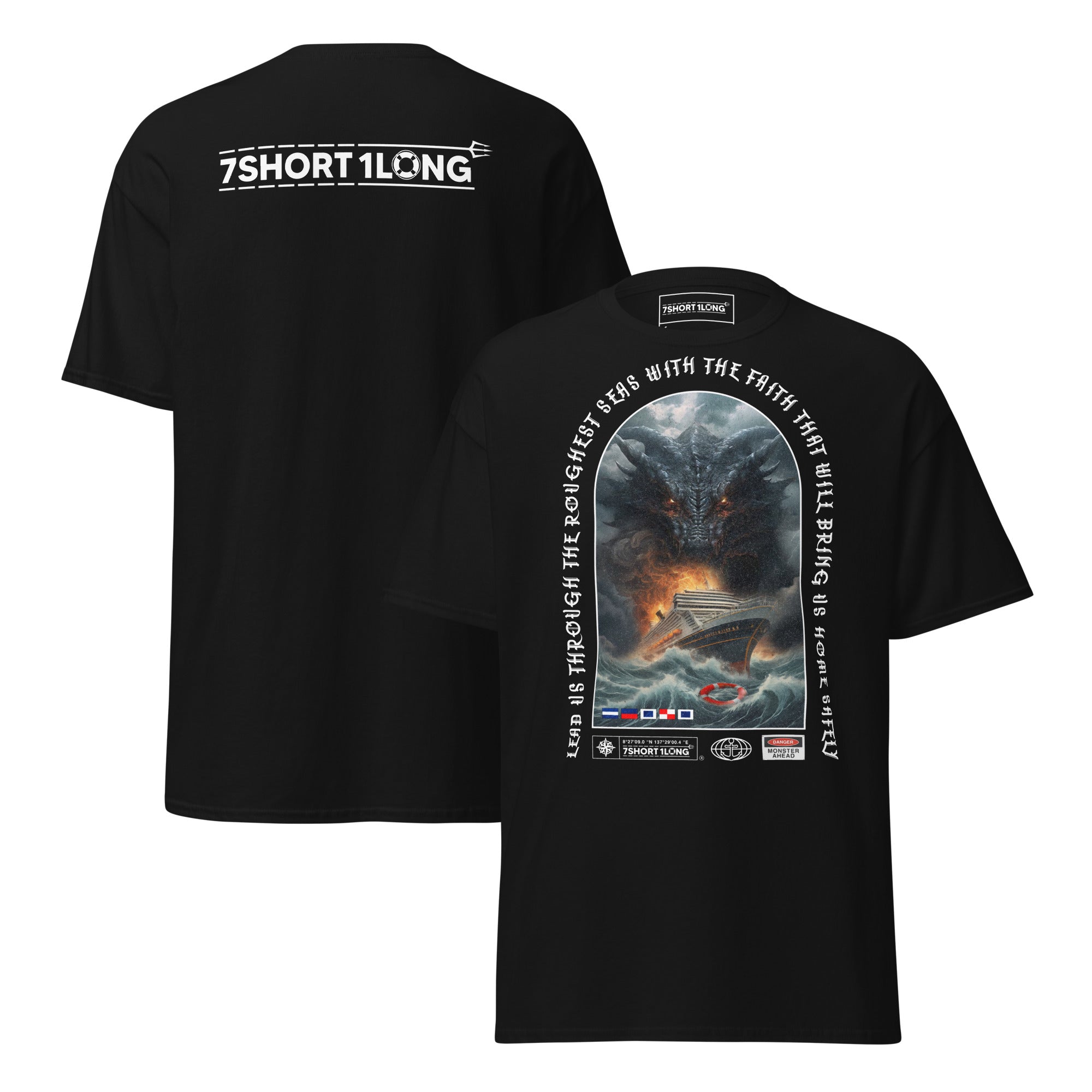 T-shirt design showing a mythical sea monster attacking a cruise ship, inspired by maritime legends, ocean myths, and classic seafaring folklore. Main image