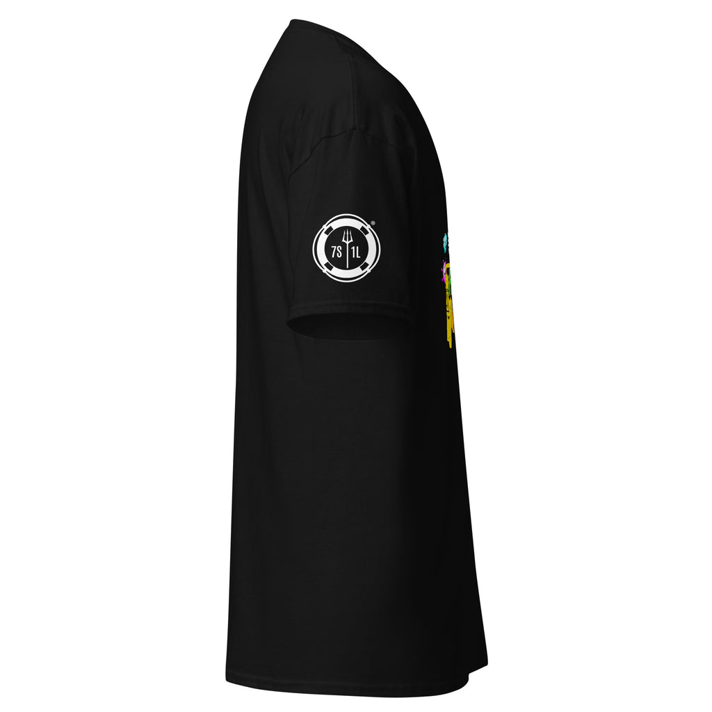 Unisex black Housekeeping Department T-shirt by 7SHORT1LONG® with classic fit and crew neck, front view.