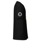 Unisex black Housekeeping Department T-shirt by 7SHORT1LONG® with classic fit and crew neck, front view.