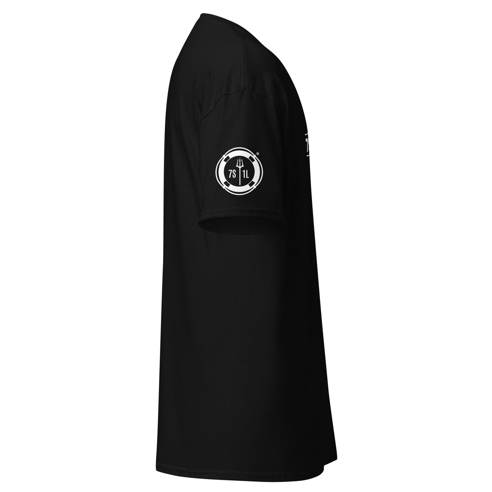Black unisex Seafarer Emergency Signal T-Shirt by 7SHORT1LONG® featuring a nautical emergency signal design.