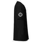 Black Seafarer Color Splash Nautical T-Shirt with 7SHORT1LONG logo and orange paint splash graphic, marine streetwear front view