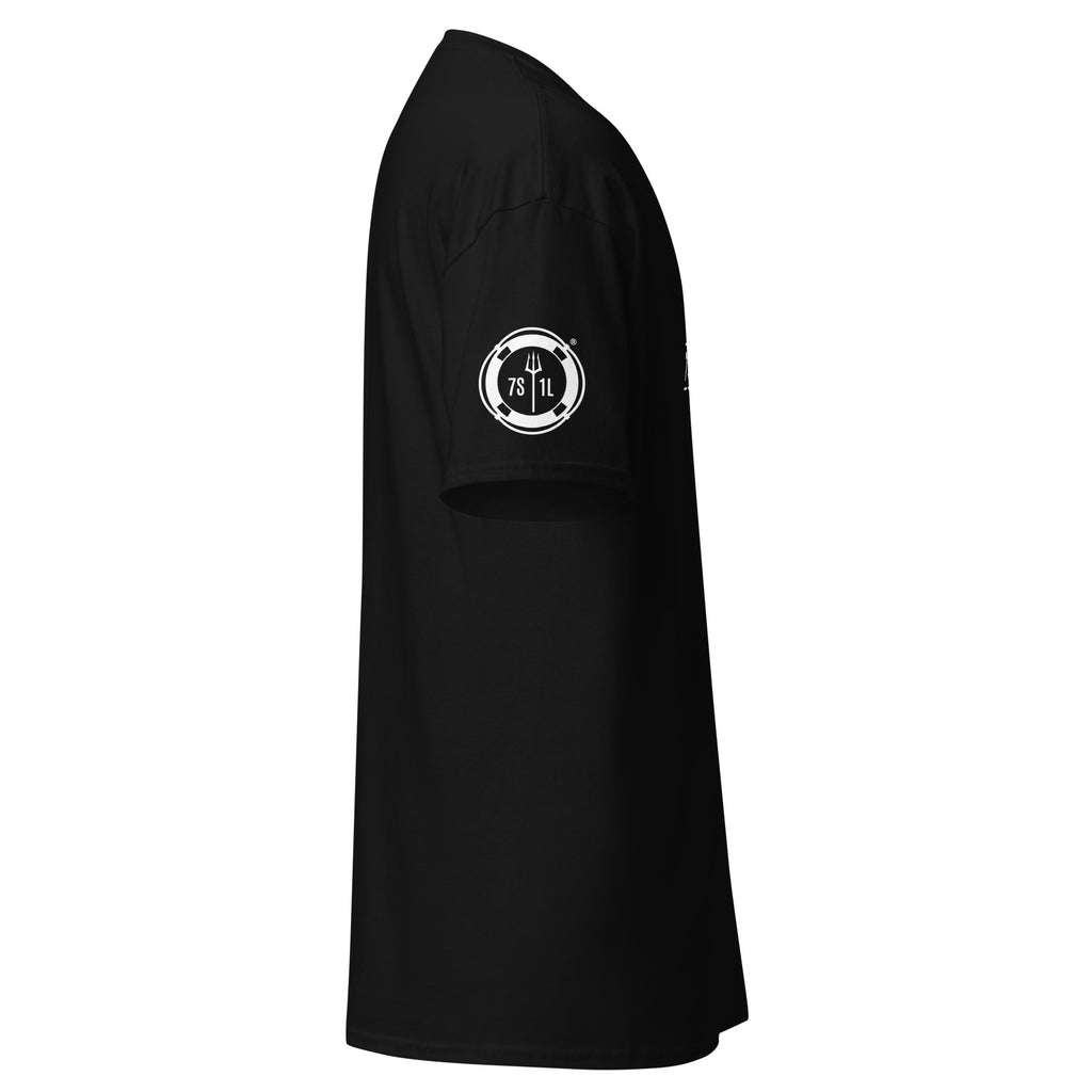 Black Kraken Seafarer Nautical T-Shirt with bold octopus design and 7SHORT1LONG branding, nautical streetwear tee