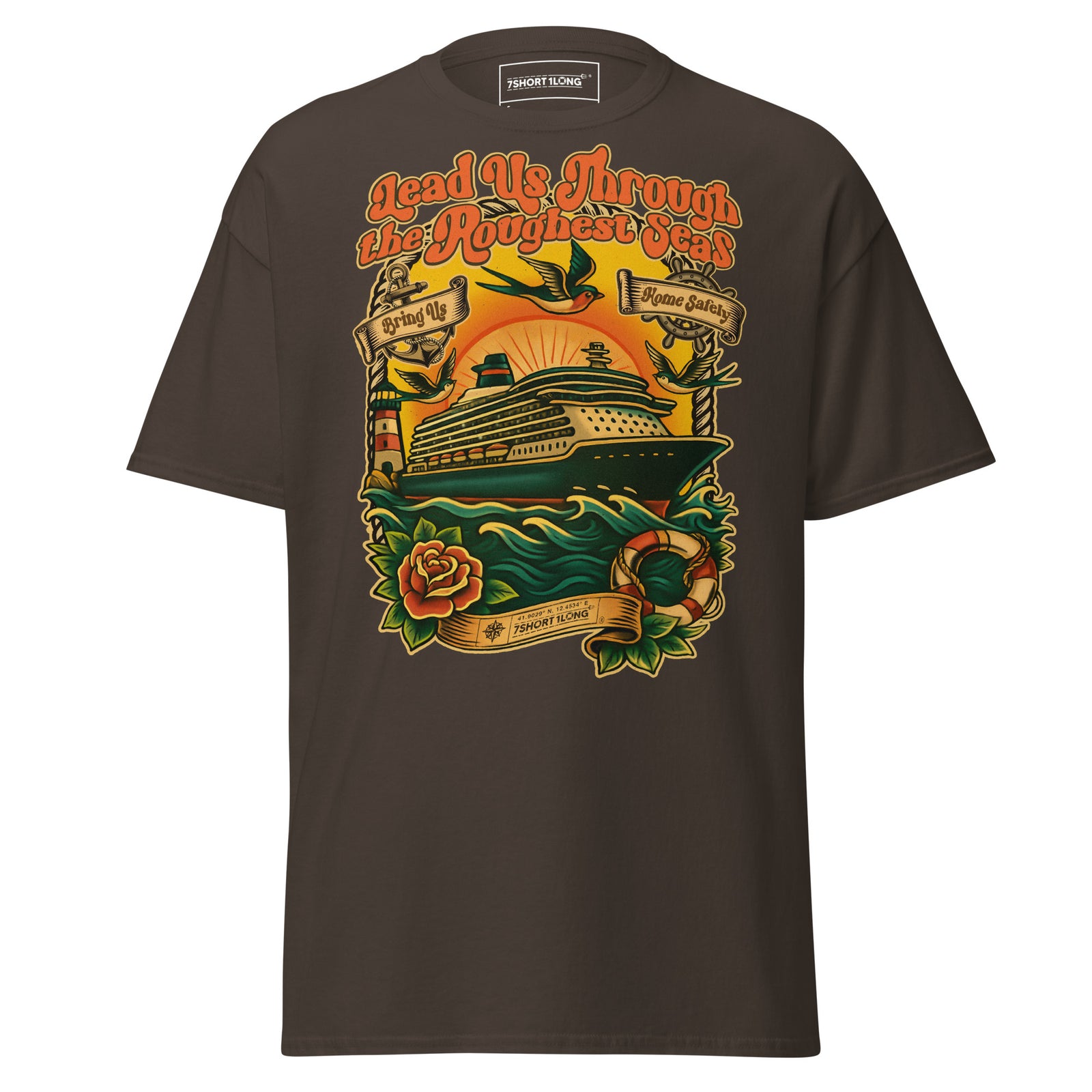 Unisex dark chocolate Cruise Ship Seafarer Tattoo T-Shirt by 7SHORT1LONG®, front view showing maritime-inspired design.