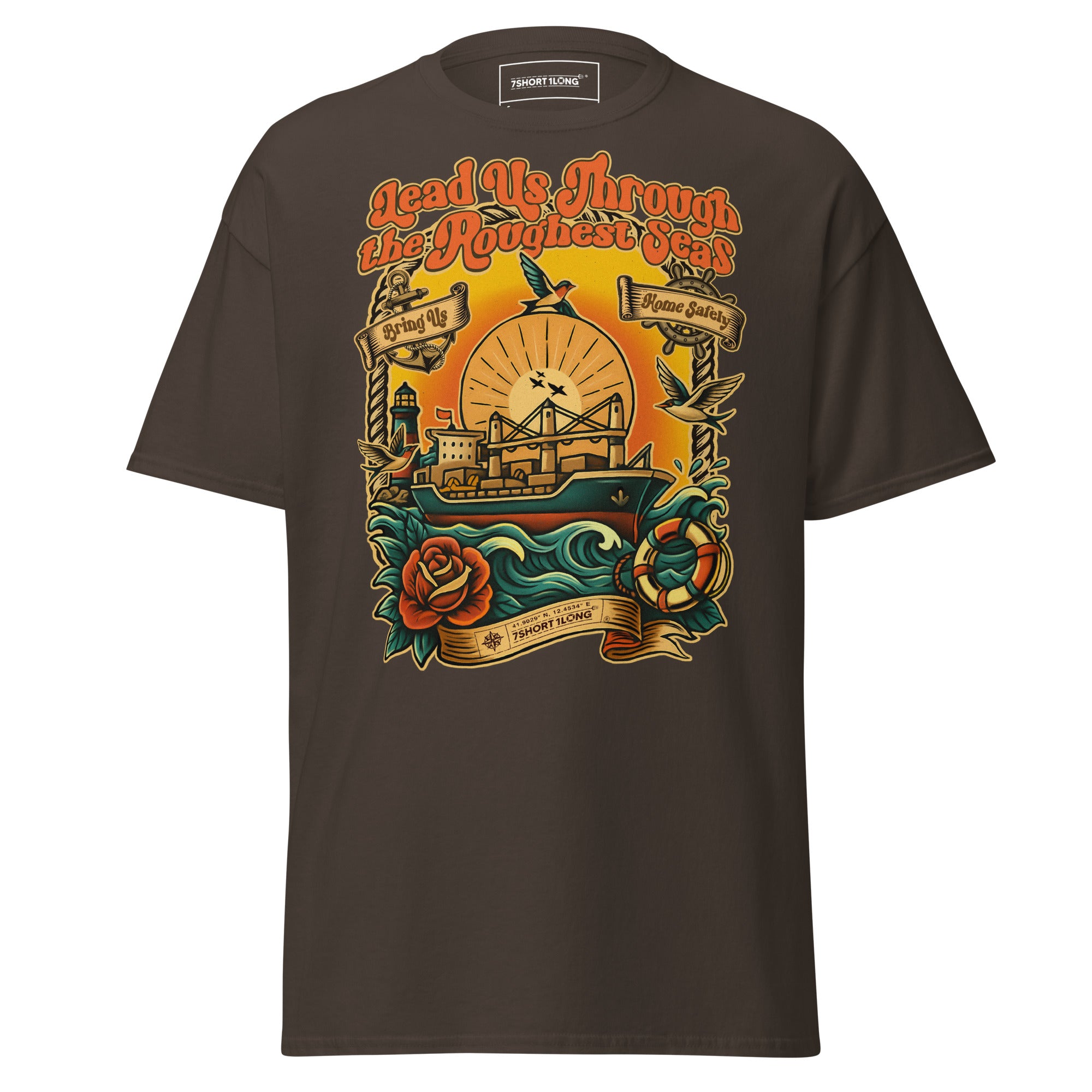 7SHORT1LONG maritime tattoo t-shirt bulk carrier ship lead us through rough seas nautical tee Hauptbild