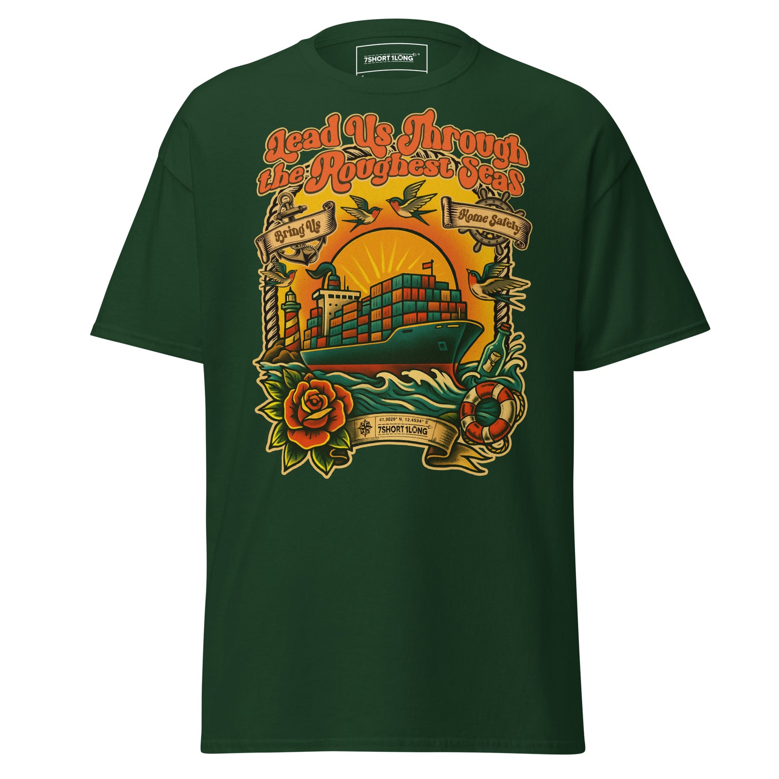 Unisex forest green T-shirt featuring a Container Ship Seafarer tattoo design by 7SHORT1LONG®. Classic crew neck style.