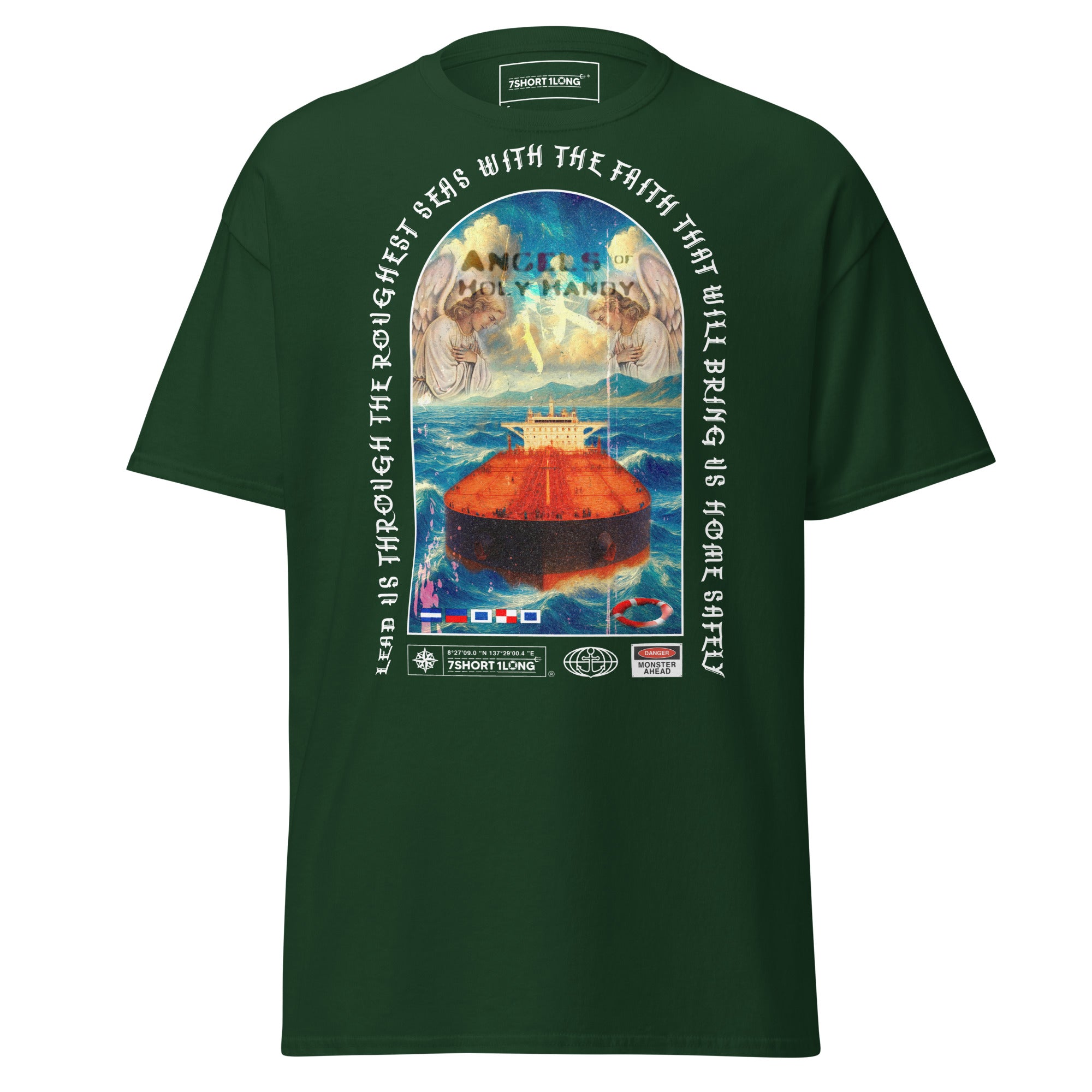 Forest green unisex Christian Angel Protection Tanker T-Shirt by 7SHORT1LONG® featuring a front graphic design.