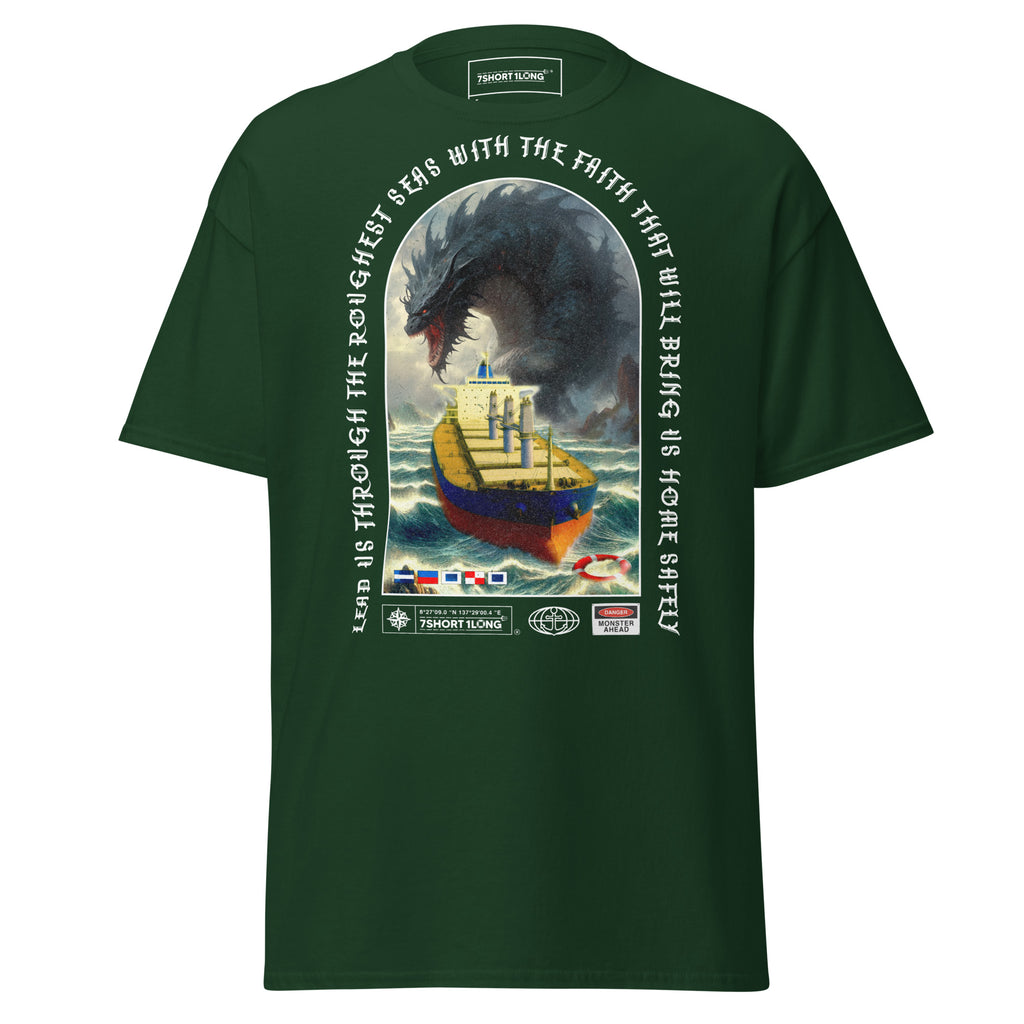 Forest green unisex Bulk Carrier T-Shirt by 7SHORT1LONG® featuring an ocean monster attack graphic on the front.