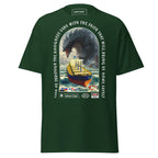 Forest green unisex Bulk Carrier T-Shirt by 7SHORT1LONG® featuring an ocean monster attack graphic on the front.