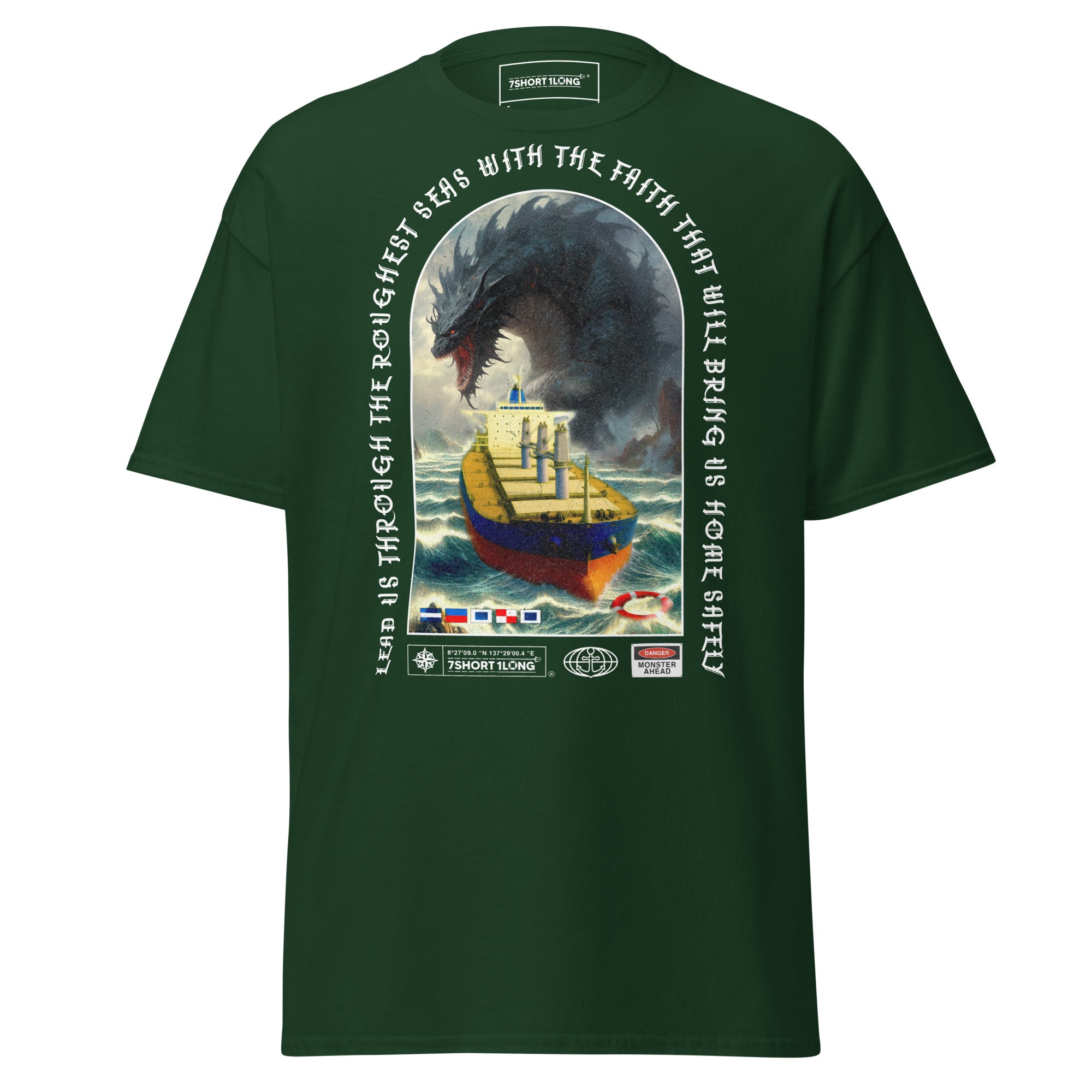 Forest green unisex Bulk Carrier T-Shirt by 7SHORT1LONG® featuring an ocean monster attack graphic on the front.