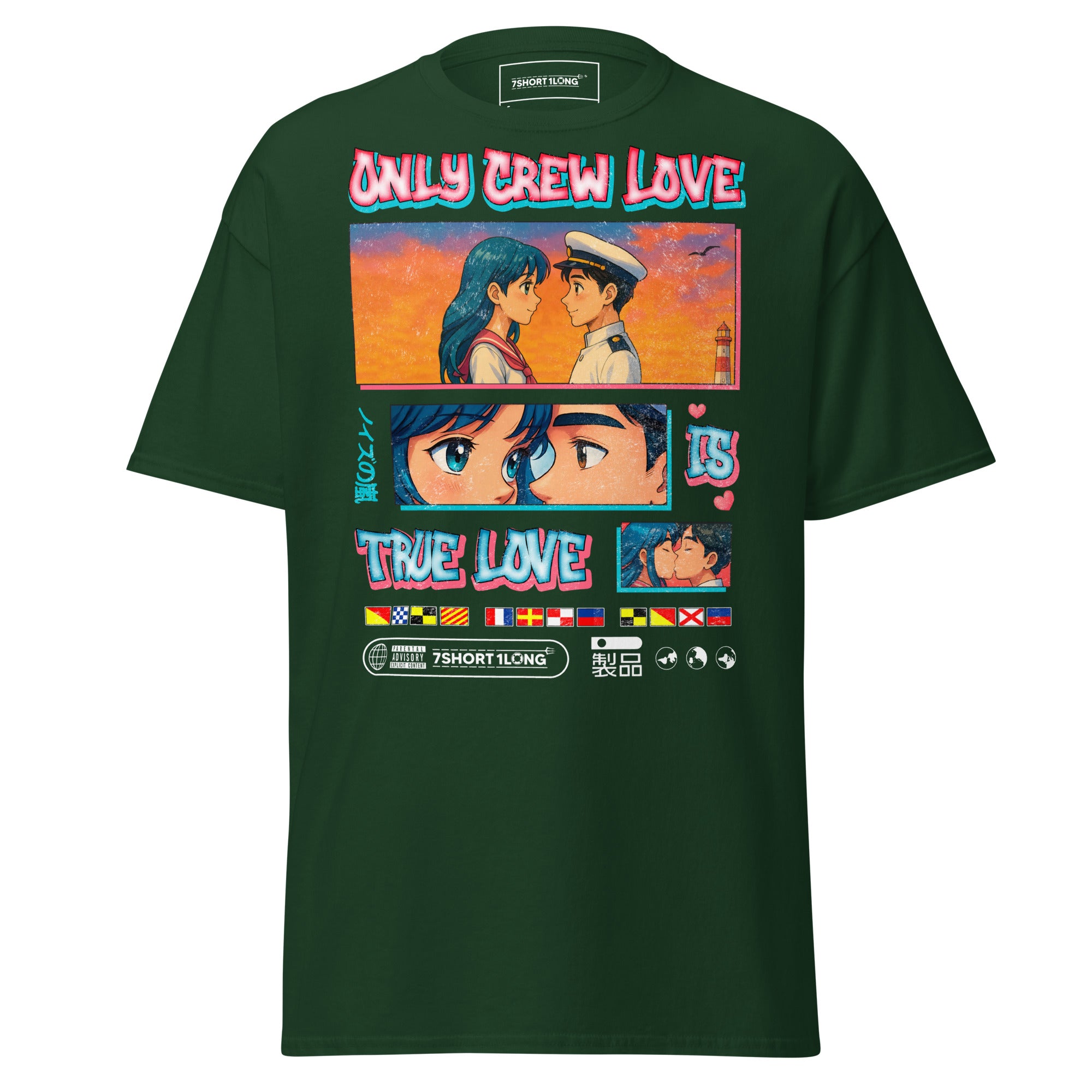 Forest green unisex anime sailor T-shirt with seafarer design and "Only Crew Love Is True Love" slogan by 7SHORT1LONG®.
