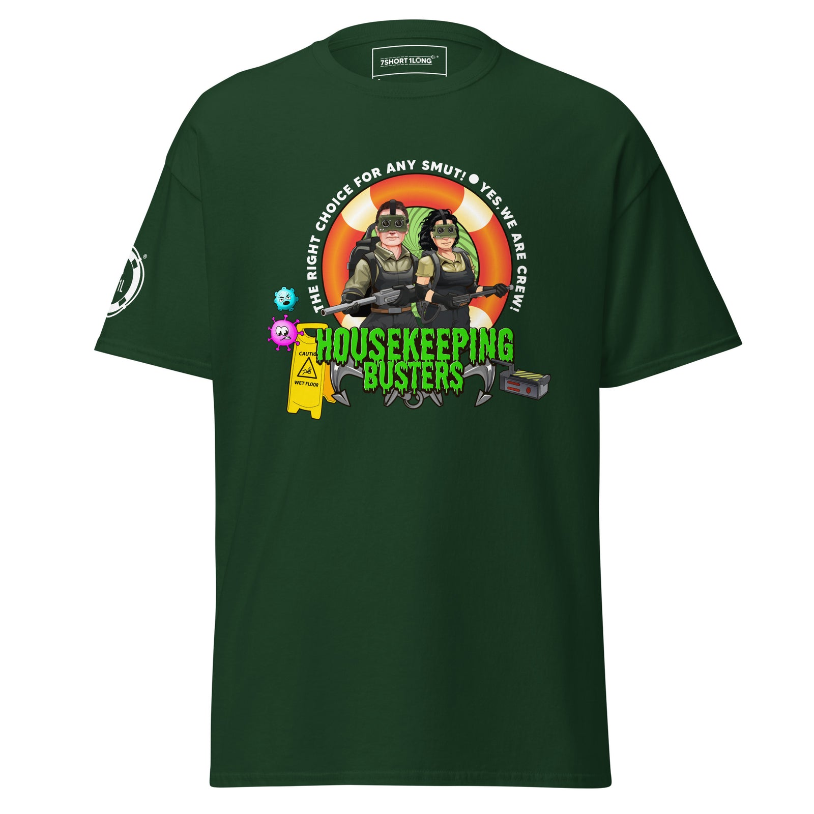 Forest green unisex Housekeeping Department T-shirt by 7SHORT1LONG®, front view showing classic crew neck and printed department logo.