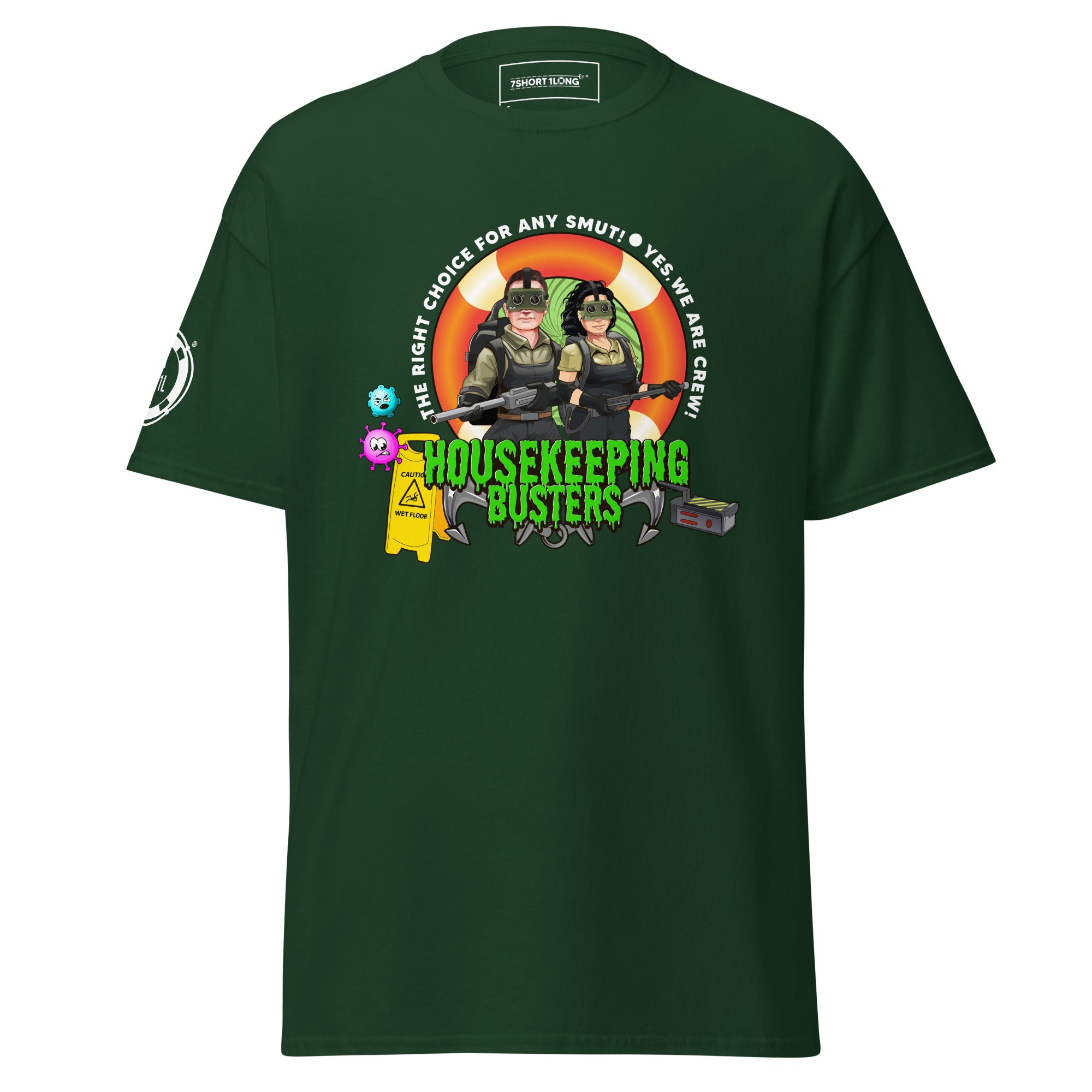 Forest green unisex Housekeeping Department T-shirt by 7SHORT1LONG®, front view showing classic crew neck and printed department logo.