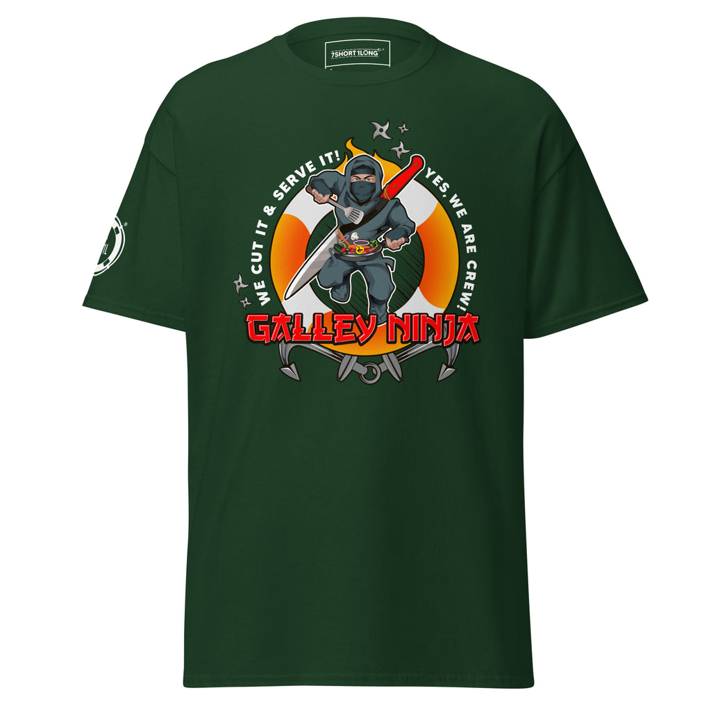 Unisex forest green T-shirt with maritime ship crew seafarer design, from 7SHORT1LONG®, casual and comfortable fit.
