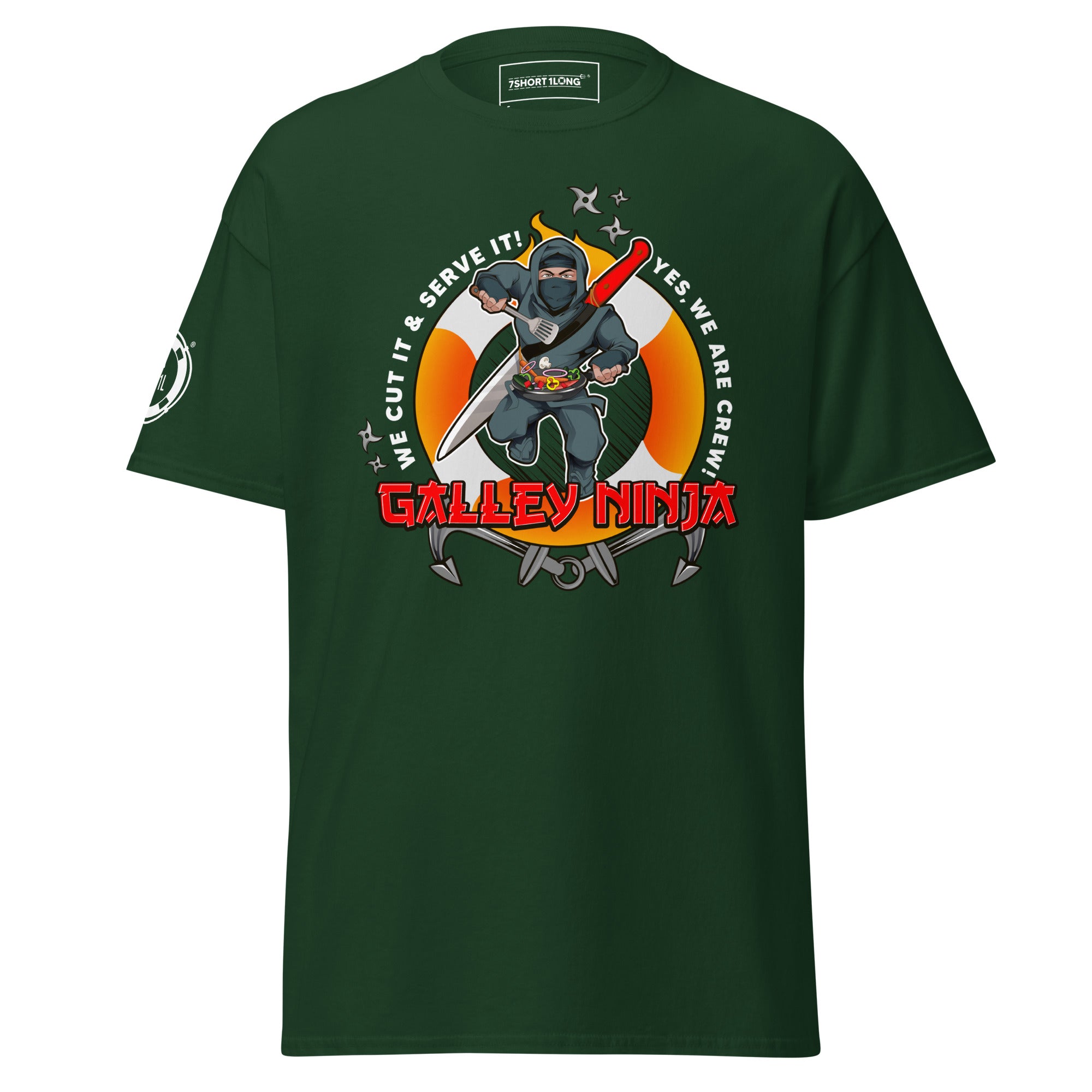 Unisex forest green T-shirt with maritime ship crew seafarer design, from 7SHORT1LONG®, casual and comfortable fit.